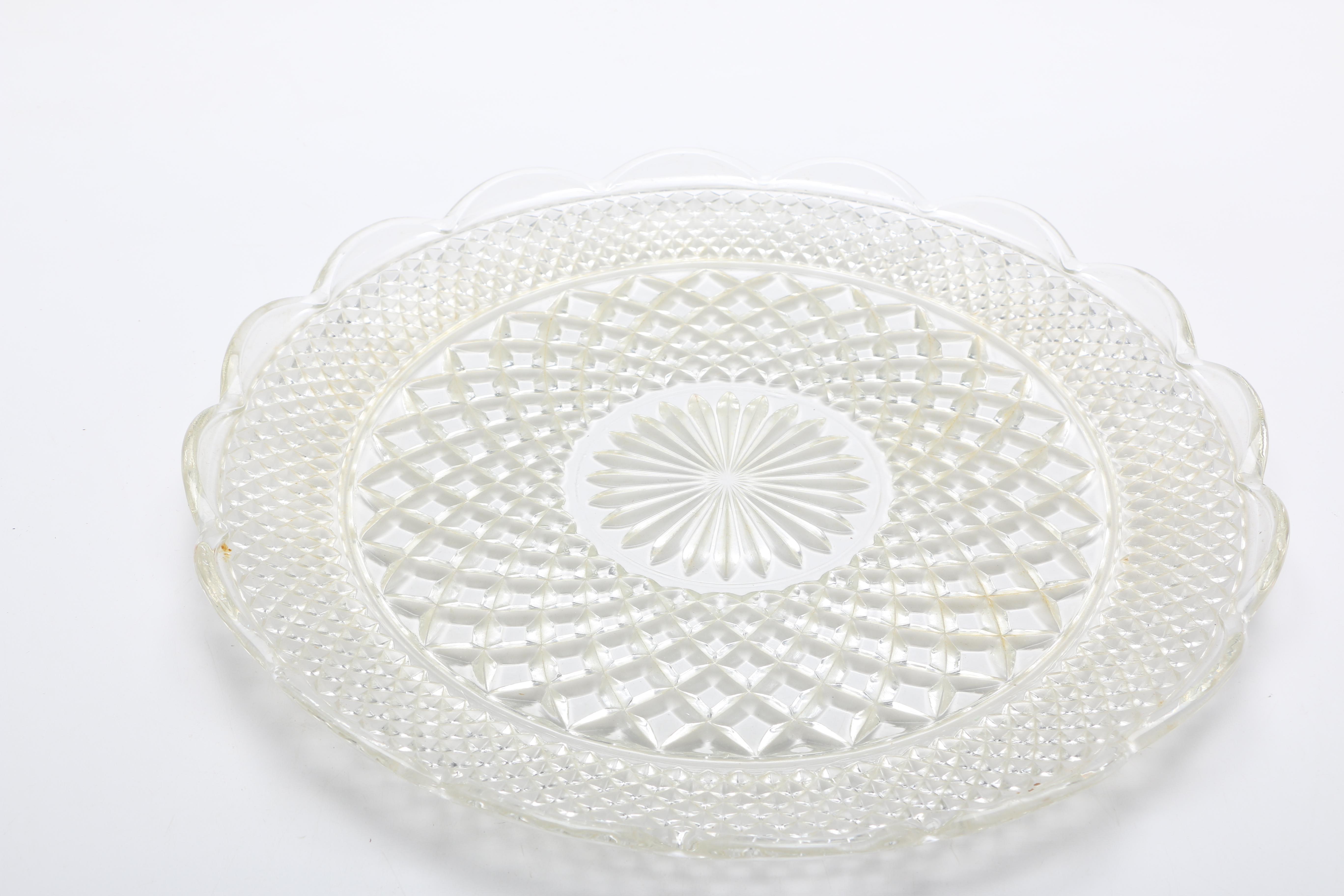 Pressed Glass Platters and Mugs Including "Candlewick"