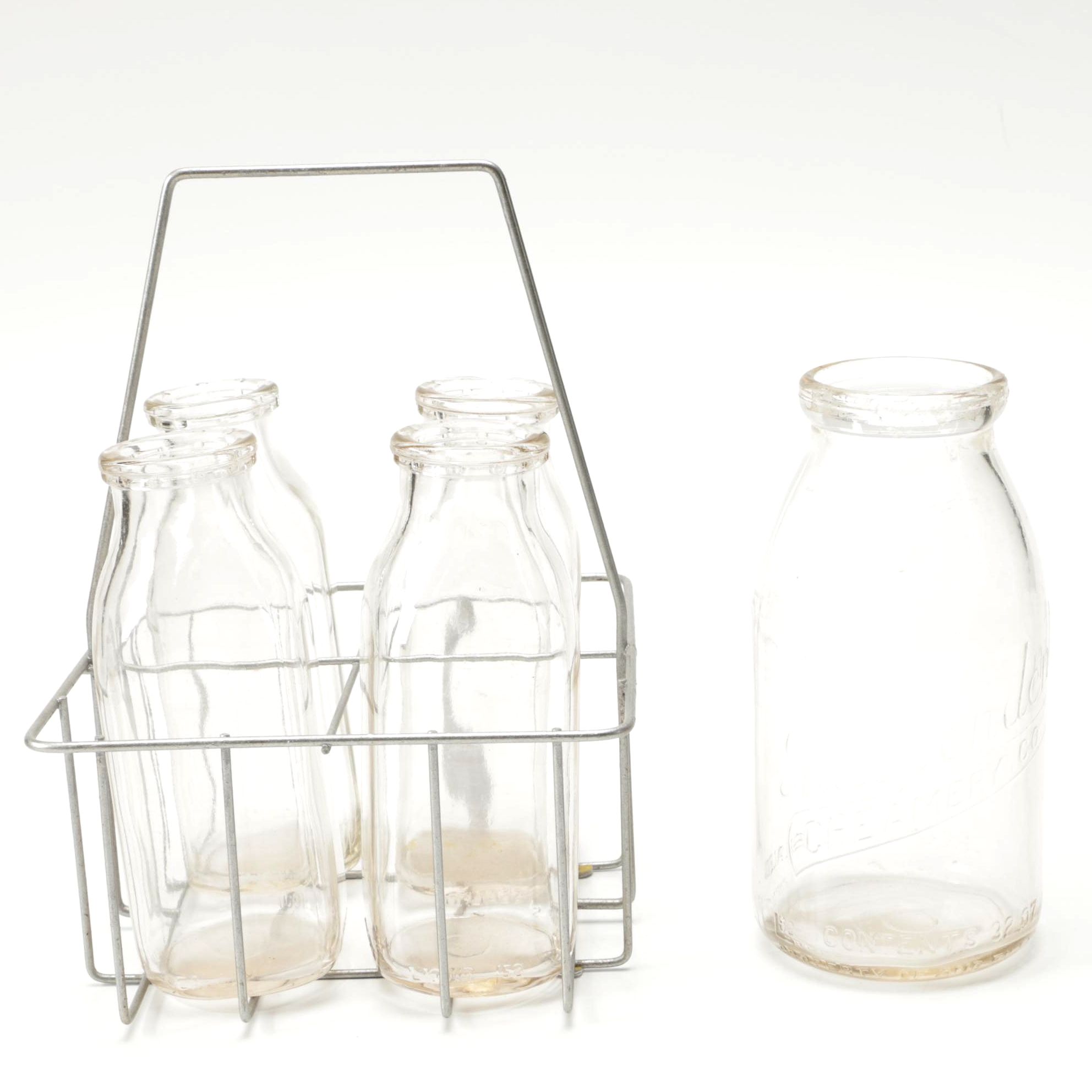 Vintage Glass Milk Bottles With Basket