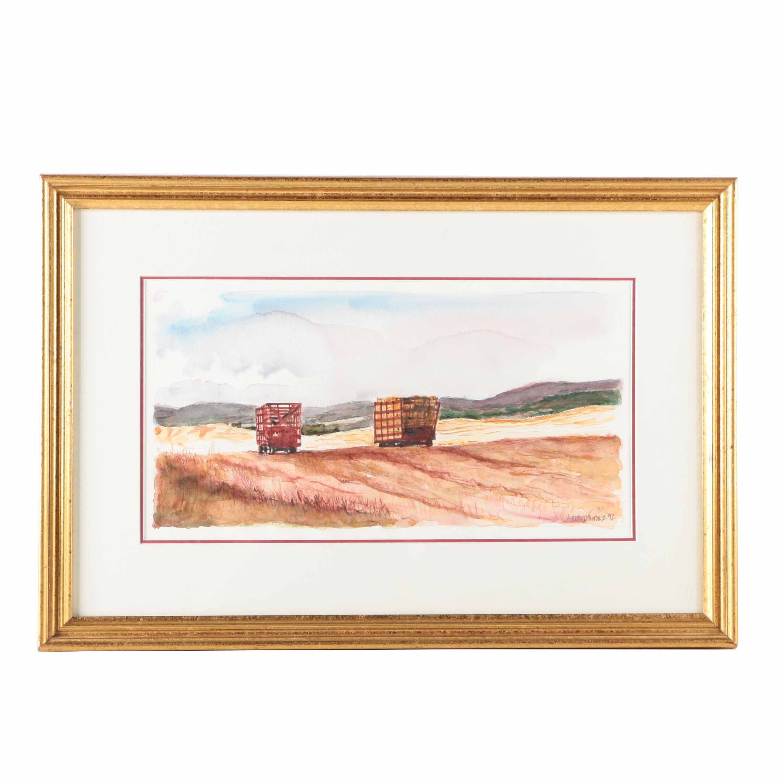 Antonio J. Mendez Watercolor of Hay Wagons