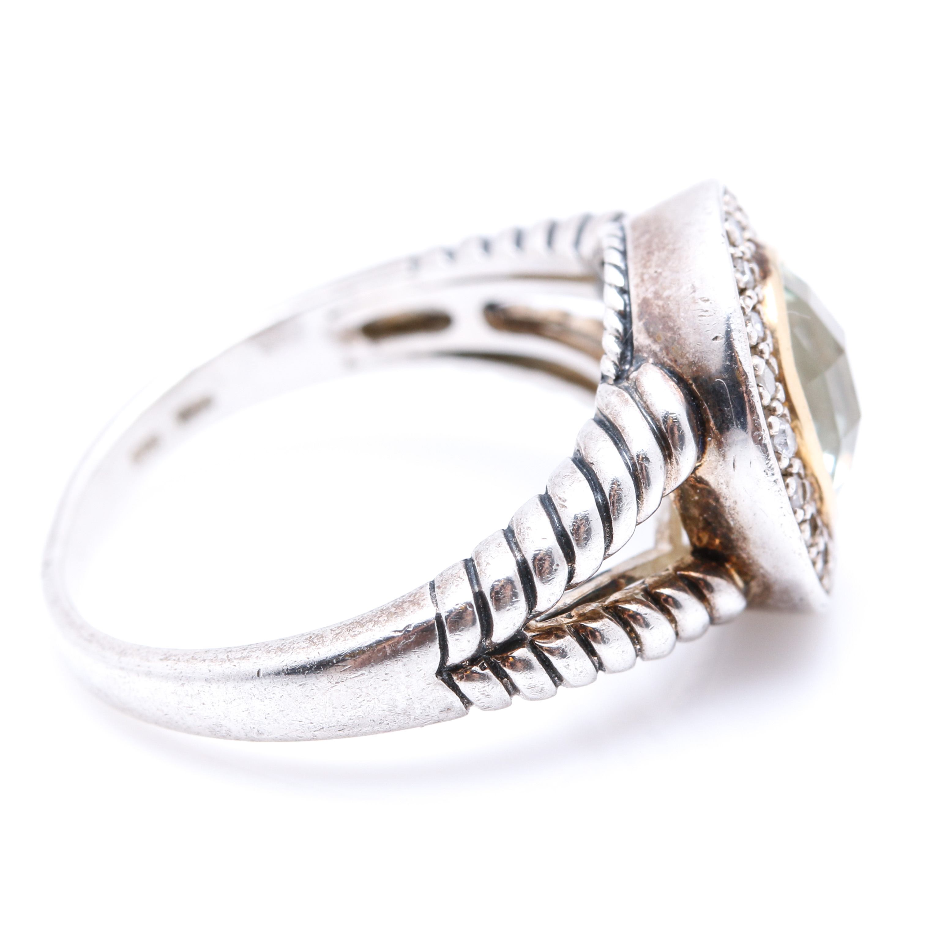 Sterling Silver Praseolite and Diamond Ring