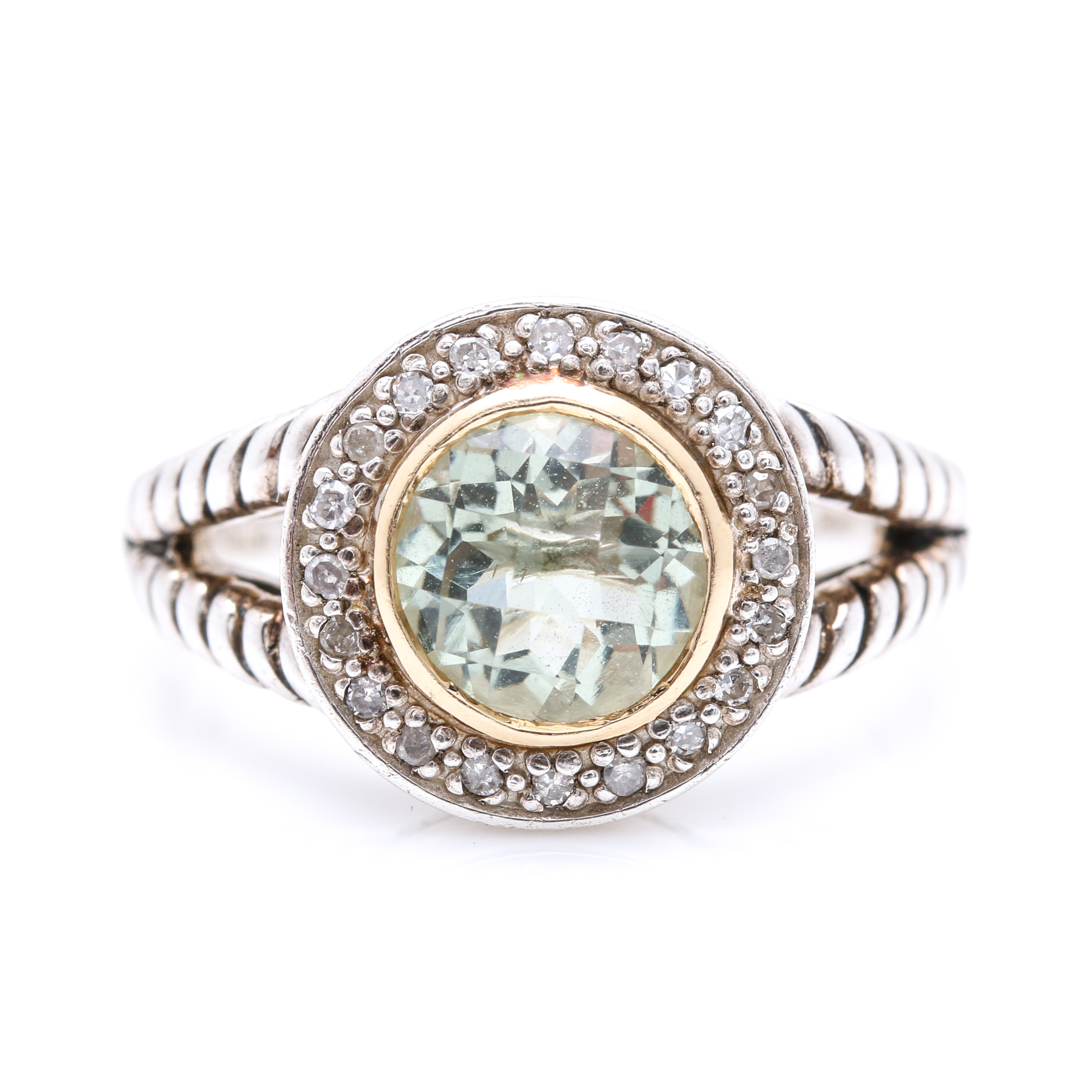 Sterling Silver Praseolite and Diamond Ring
