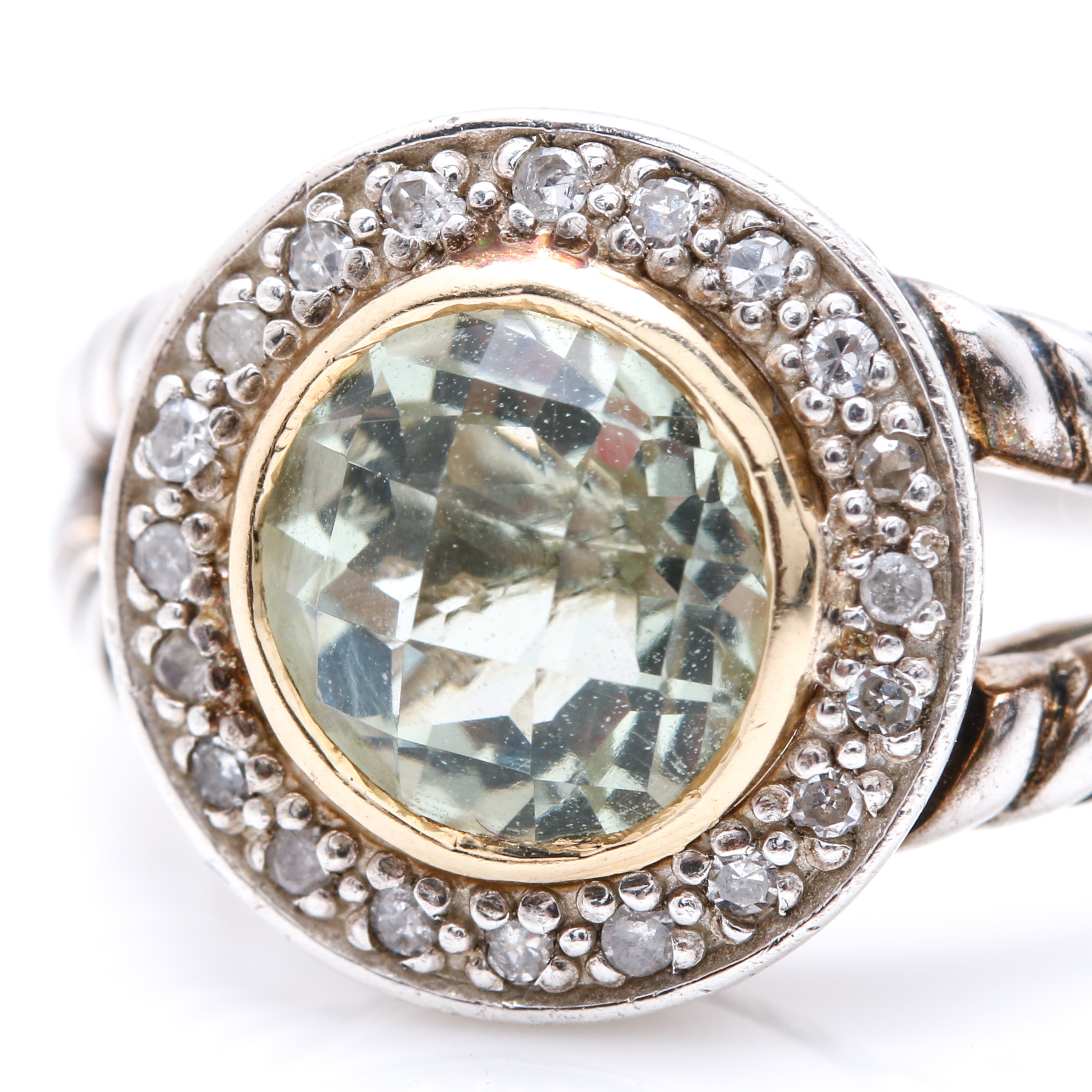 Sterling Silver Praseolite and Diamond Ring