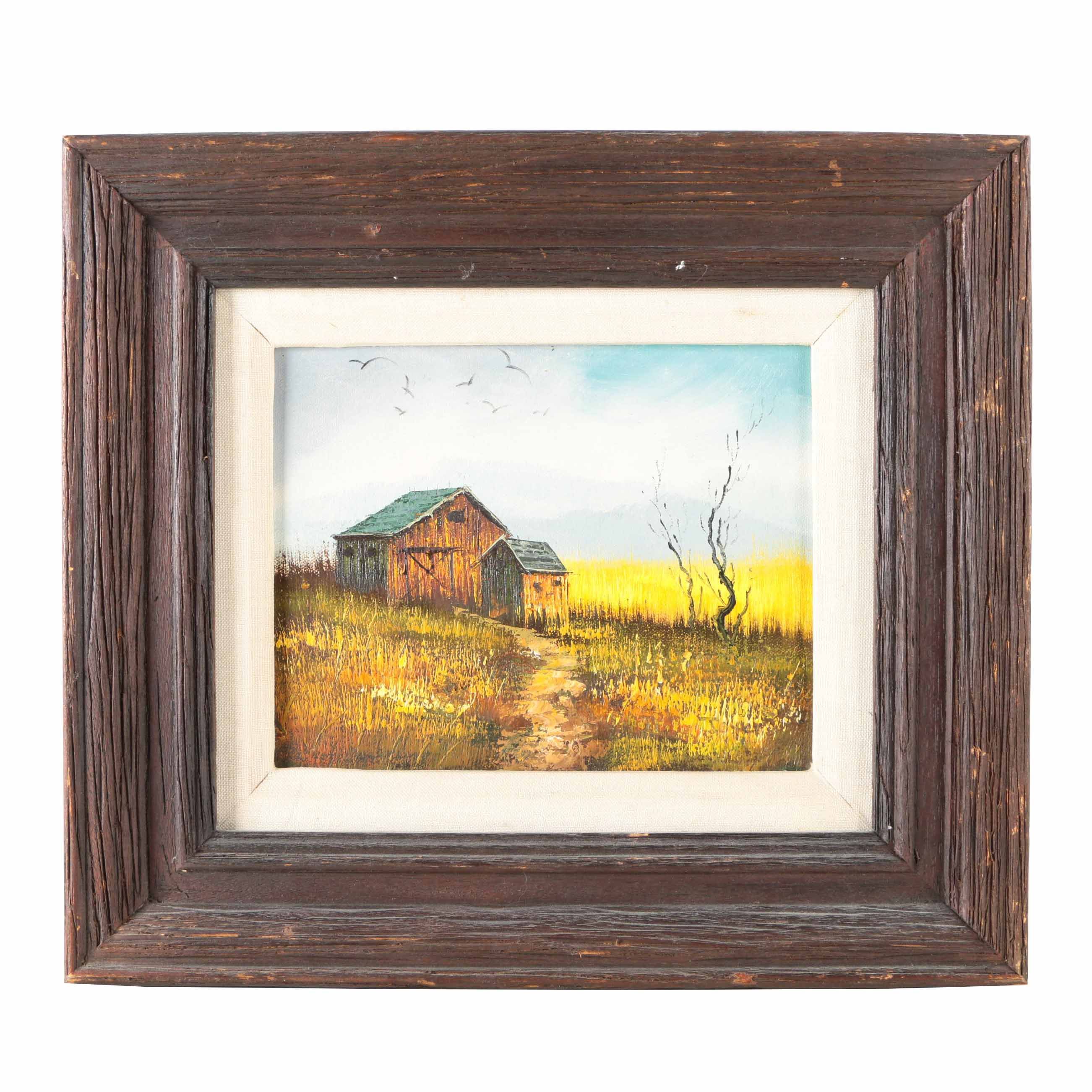 1970s Oil on Canvas Board of Rural Landscape Scene