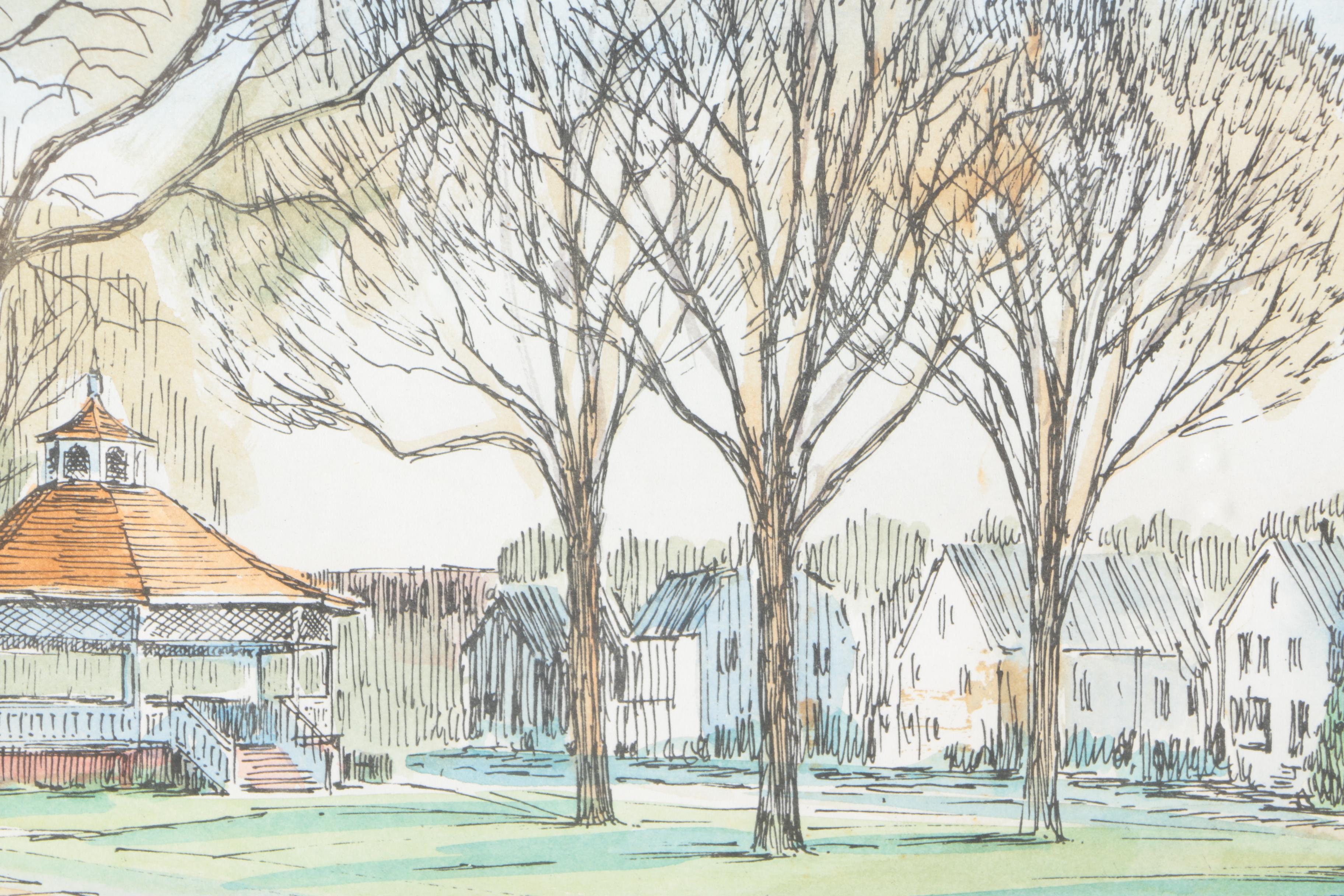 Robert Conrad Ledoux Hand Colored Limited Edition Lithograph "Sherman Green - Fairfield, CT"