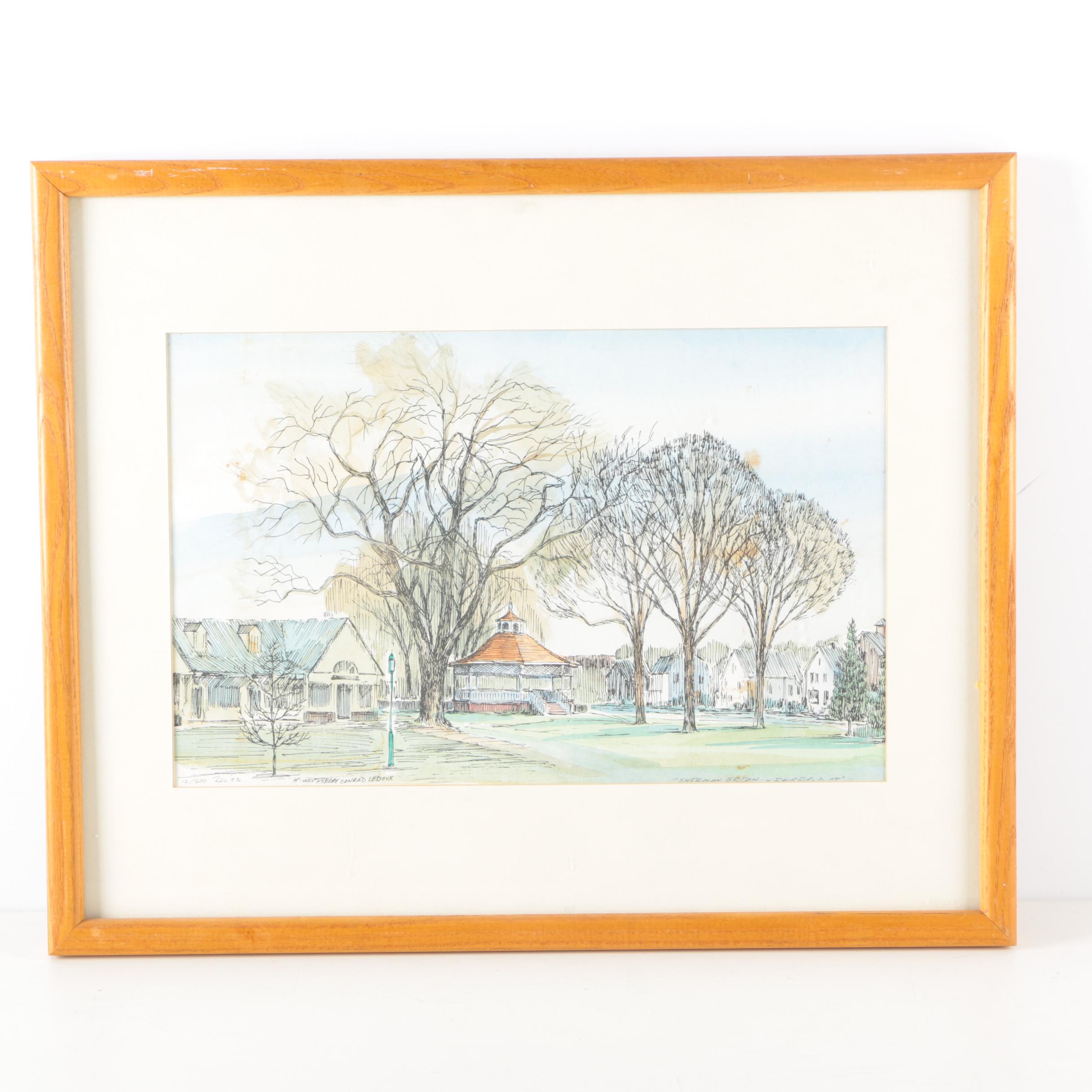 Robert Conrad Ledoux Hand Colored Limited Edition Lithograph "Sherman Green - Fairfield, CT"