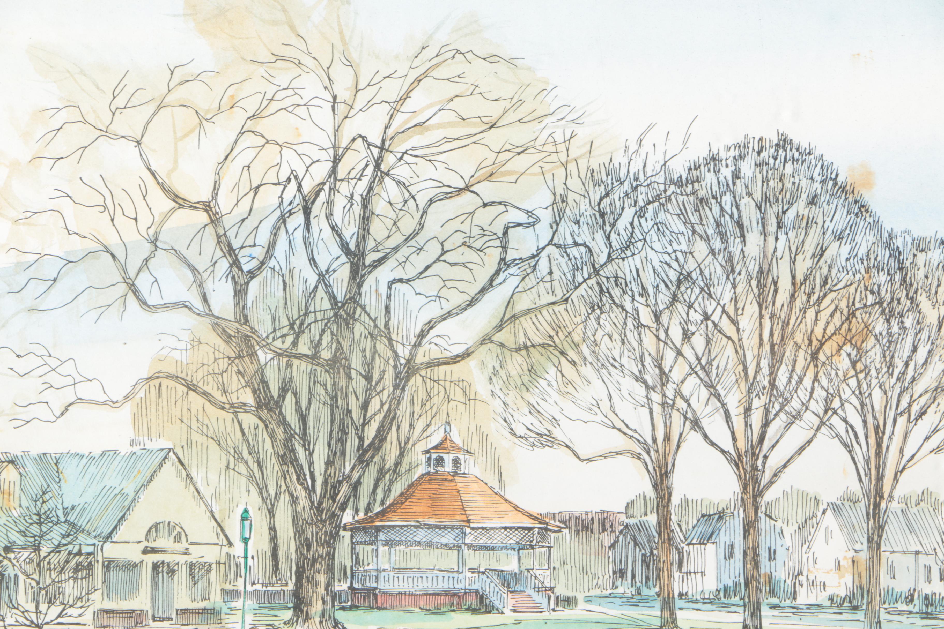 Robert Conrad Ledoux Hand Colored Limited Edition Lithograph "Sherman Green - Fairfield, CT"