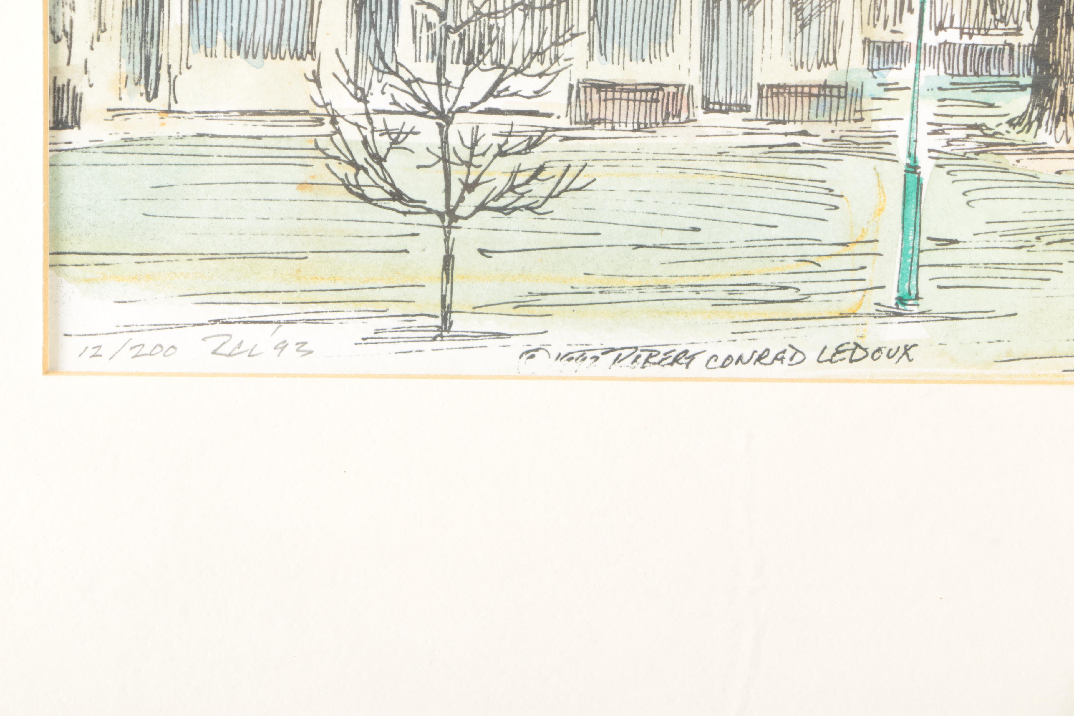 Robert Conrad Ledoux Hand Colored Limited Edition Lithograph "Sherman Green - Fairfield, CT"