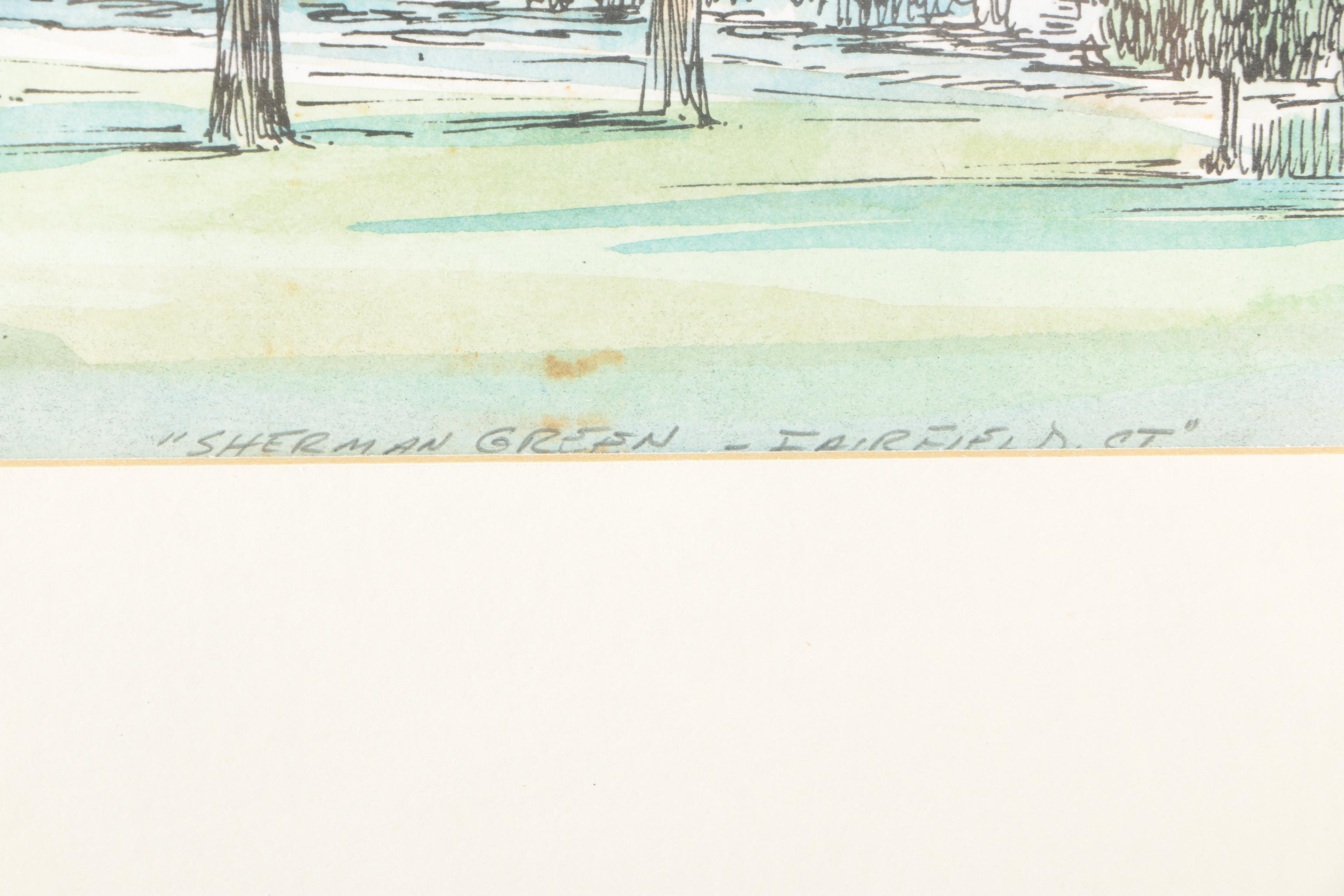 Robert Conrad Ledoux Hand Colored Limited Edition Lithograph "Sherman Green - Fairfield, CT"