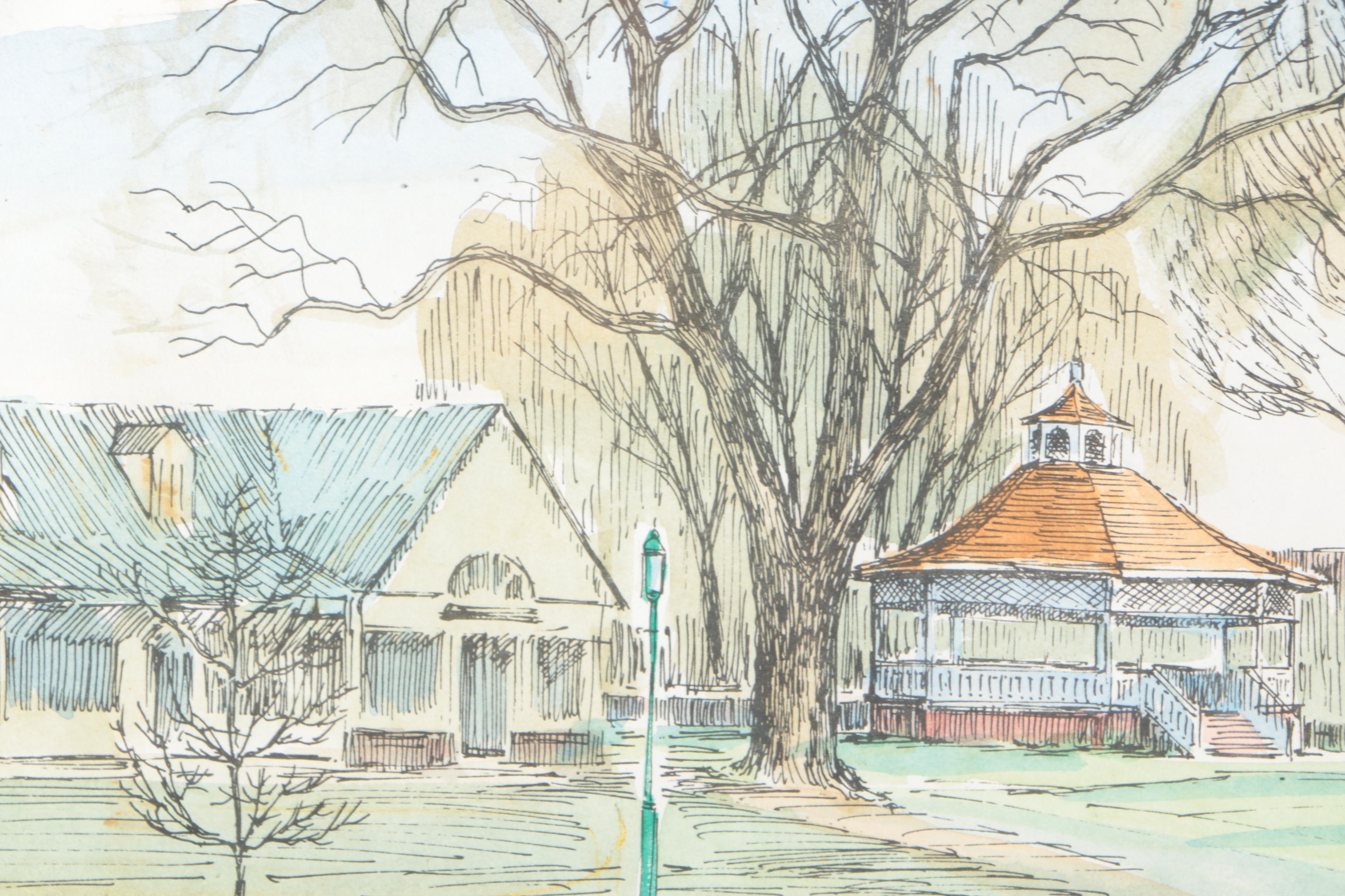 Robert Conrad Ledoux Hand Colored Limited Edition Lithograph "Sherman Green - Fairfield, CT"