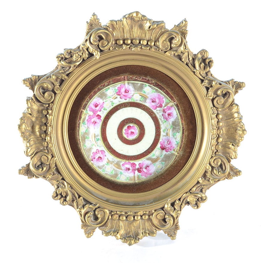 Antique Hand-Painted Porcelain Plate in Gilt Frame