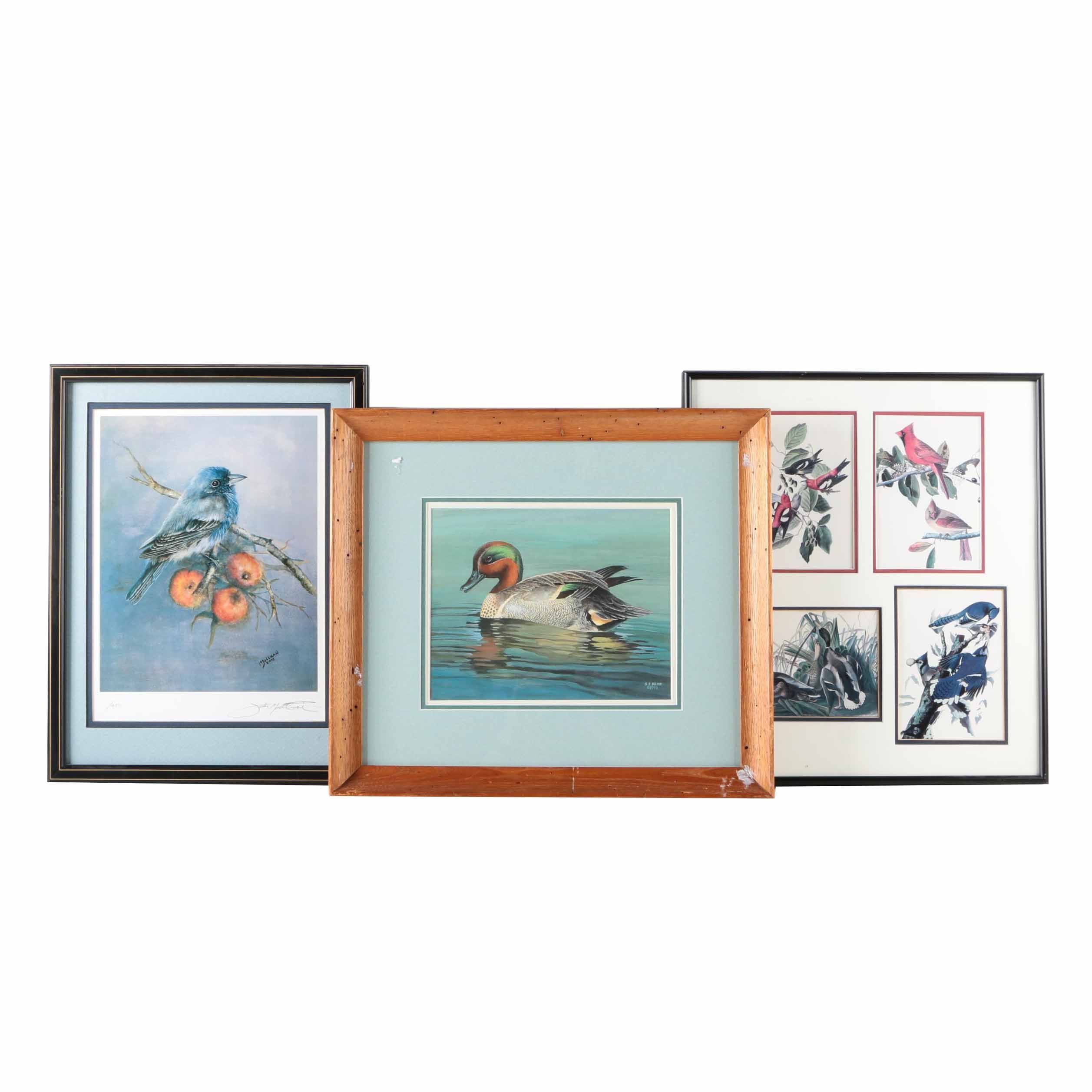 S.E. Kemp Oil Painting With a Pair of Offset Lithographs of Birds
