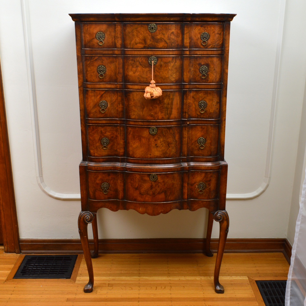 Antique Queen Anne Style Walnut Burl Highboy