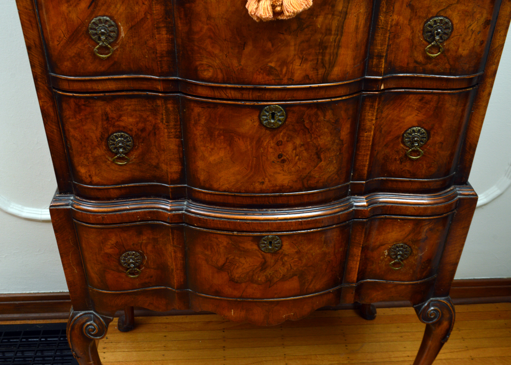 Antique Queen Anne Style Walnut Burl Highboy