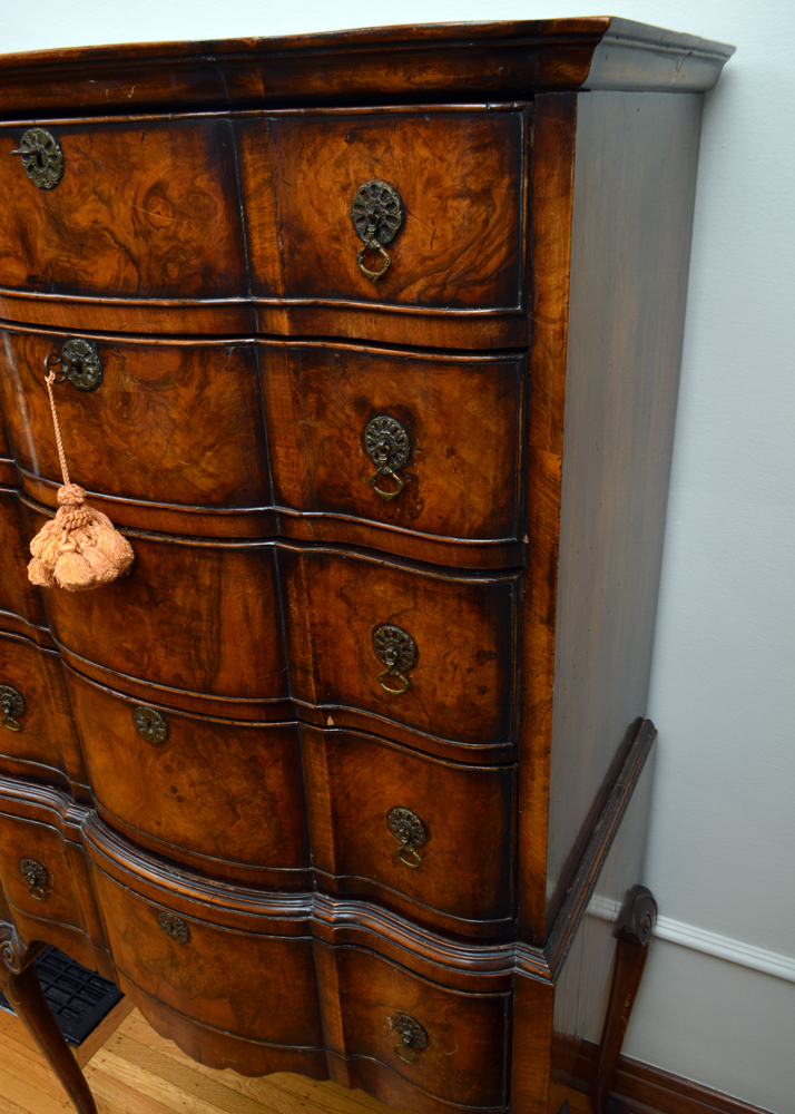 Antique Queen Anne Style Walnut Burl Highboy