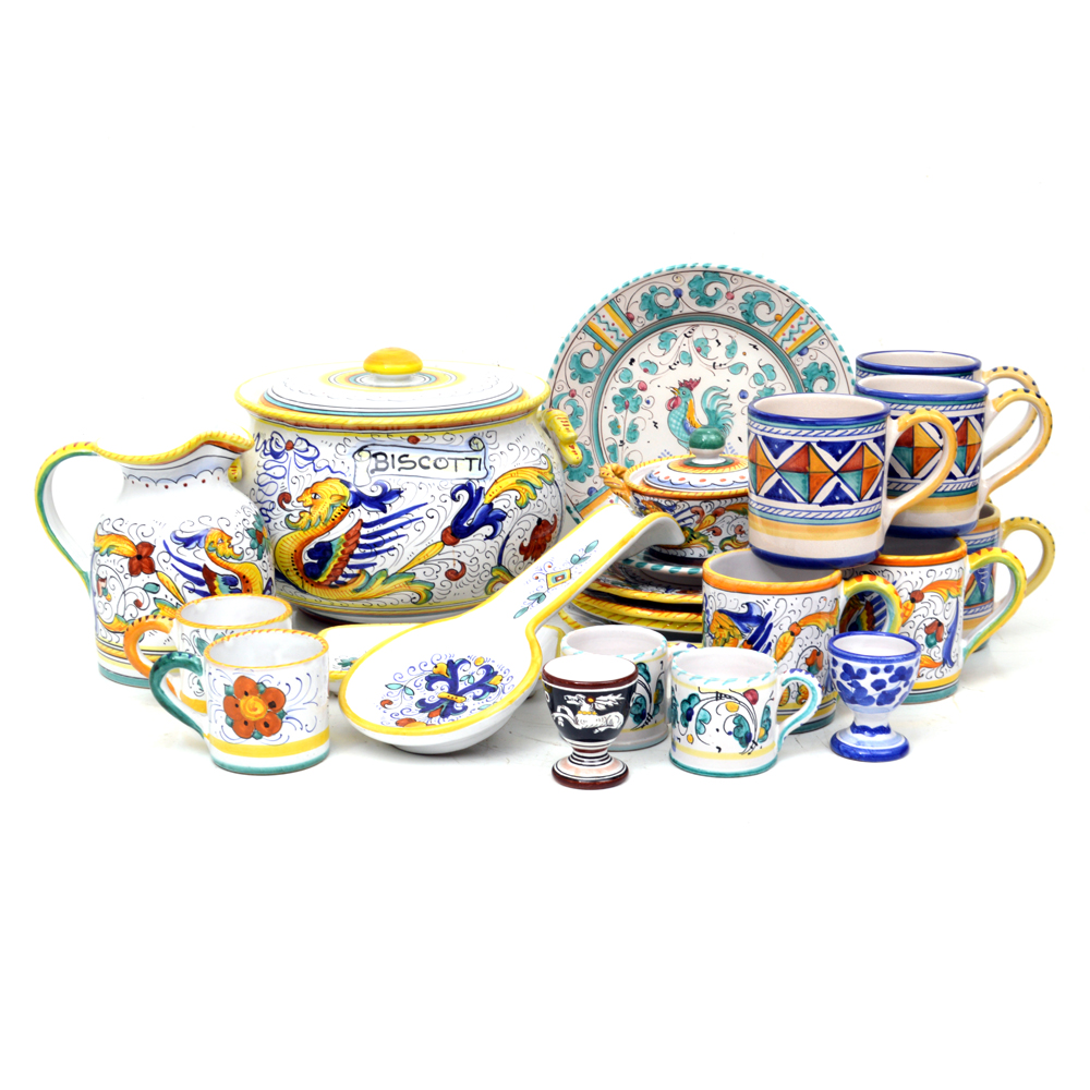 Assortment of Hand-Painted Italian Tableware Including Deruta