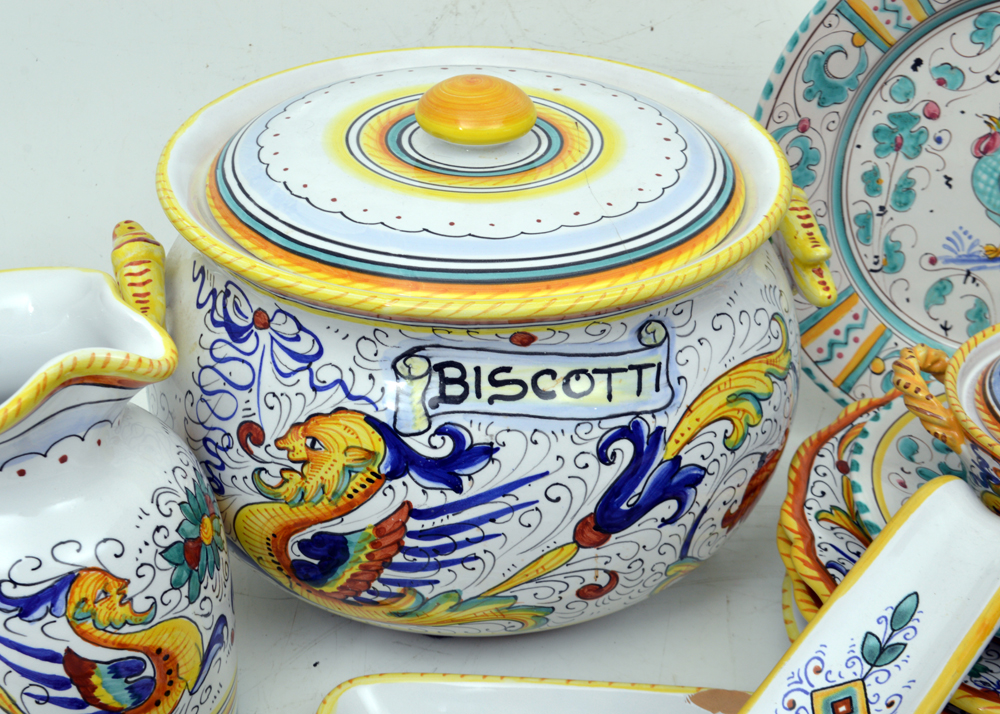 Assortment of Hand-Painted Italian Tableware Including Deruta