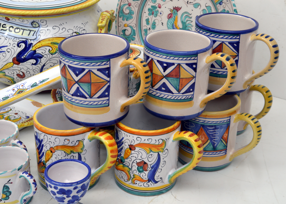 Assortment of Hand-Painted Italian Tableware Including Deruta