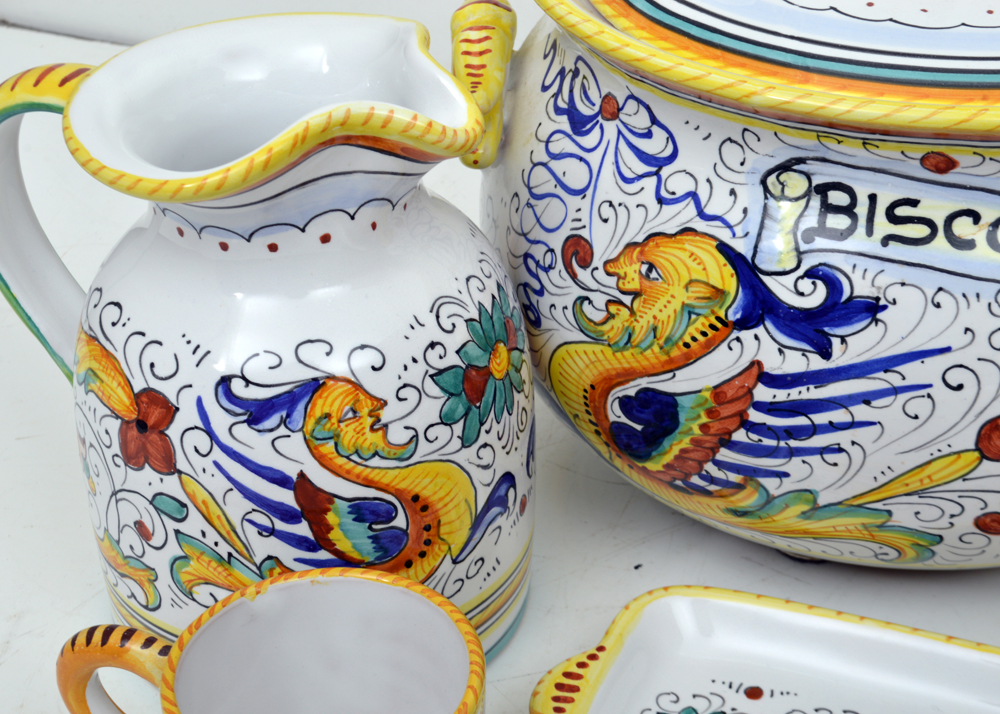 Assortment of Hand-Painted Italian Tableware Including Deruta