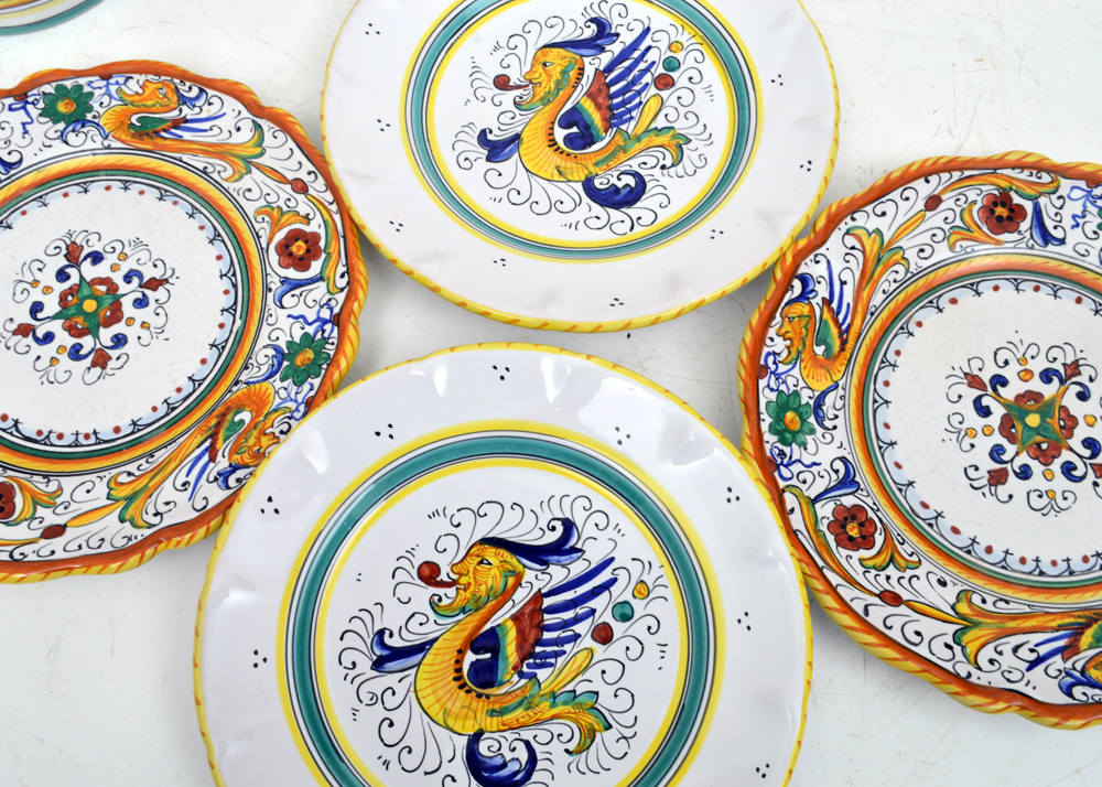 Assortment of Hand-Painted Italian Tableware Including Deruta