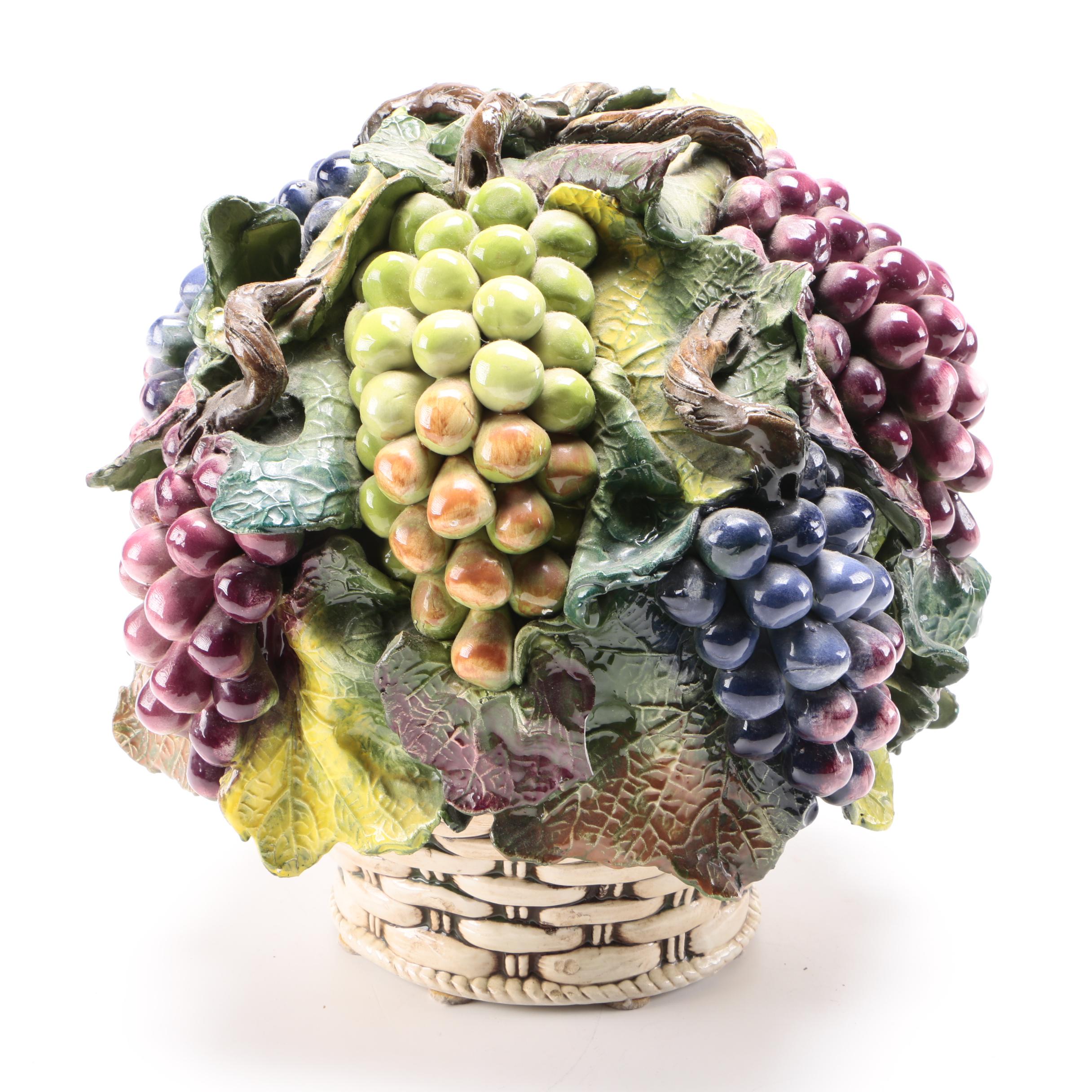Italian Ceramic Basket Centerpiece With Grapes