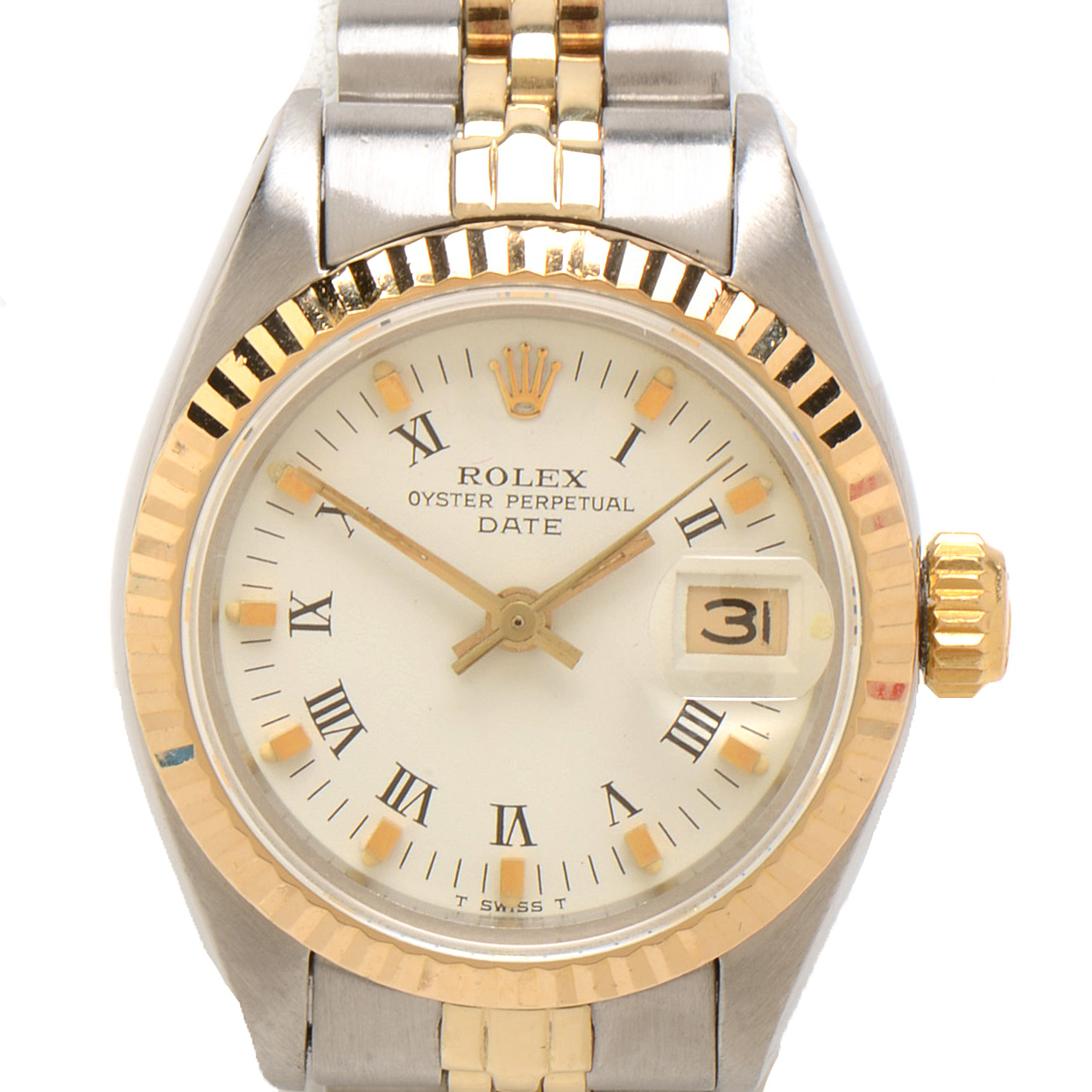 Rolex Date 14K Yellow Gold and Stainless Steel Roman White Dial Automatic Watch