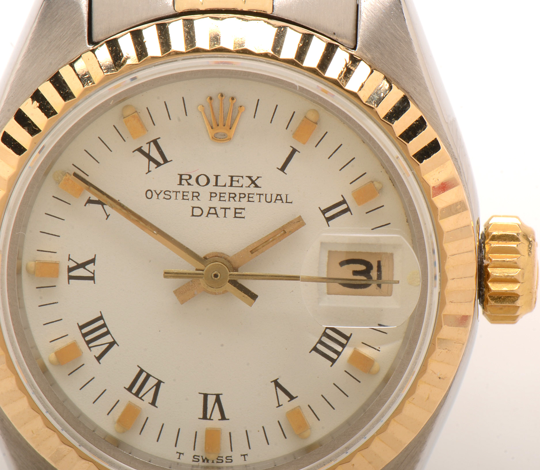 Rolex Date 14K Yellow Gold and Stainless Steel Roman White Dial Automatic Watch