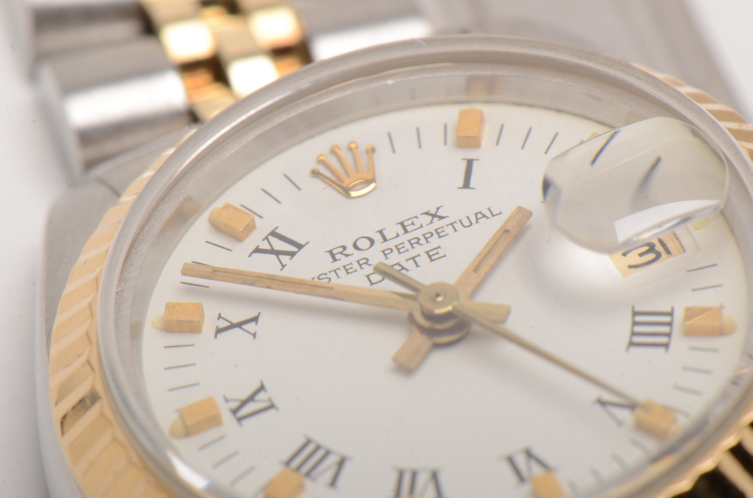 Rolex Date 14K Yellow Gold and Stainless Steel Roman White Dial Automatic Watch