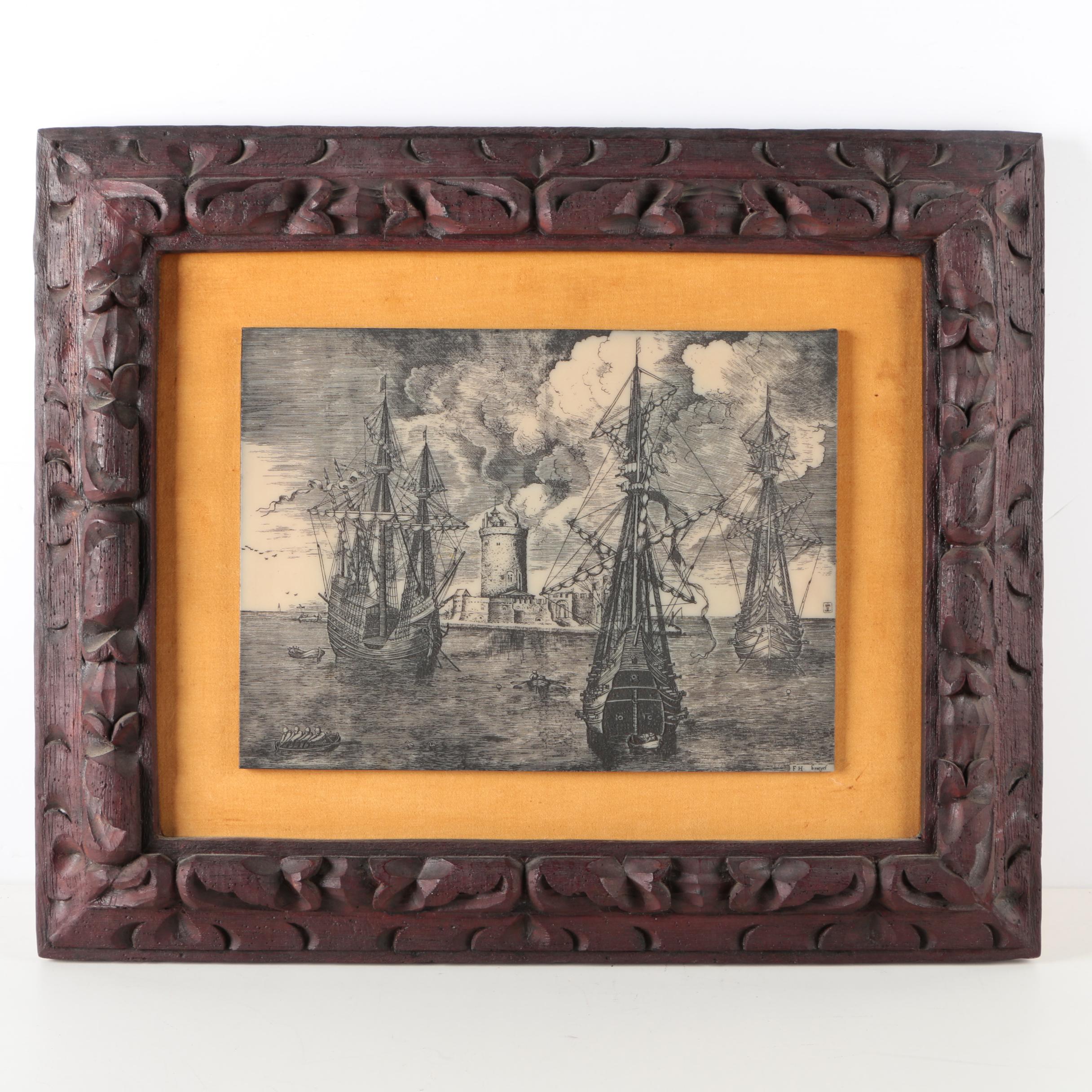 Scrimshaw on Imitation Ivory After Pieter Bruegel and Franz Huys "Bateau de Guerre"