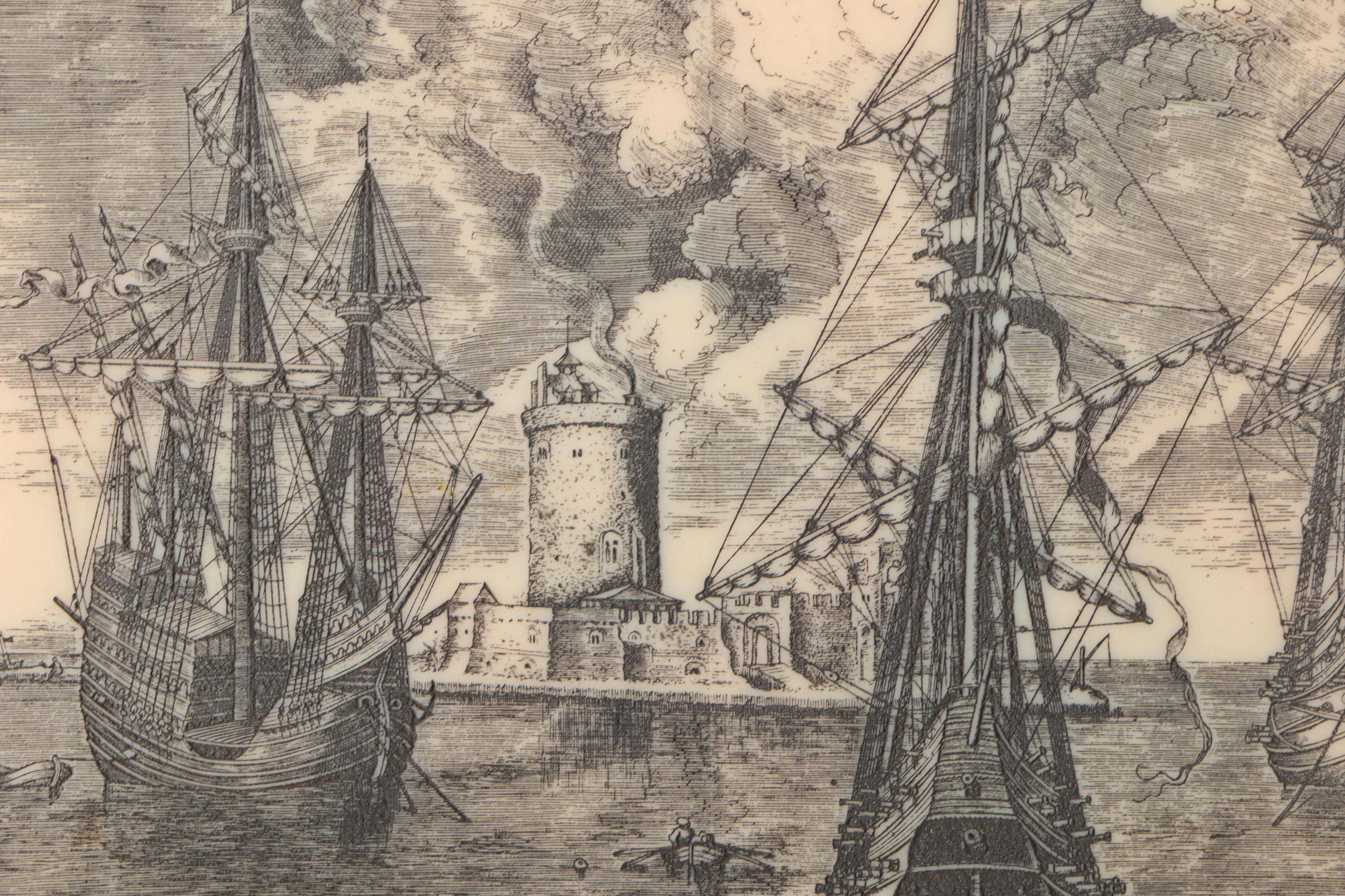 Scrimshaw on Imitation Ivory After Pieter Bruegel and Franz Huys "Bateau de Guerre"