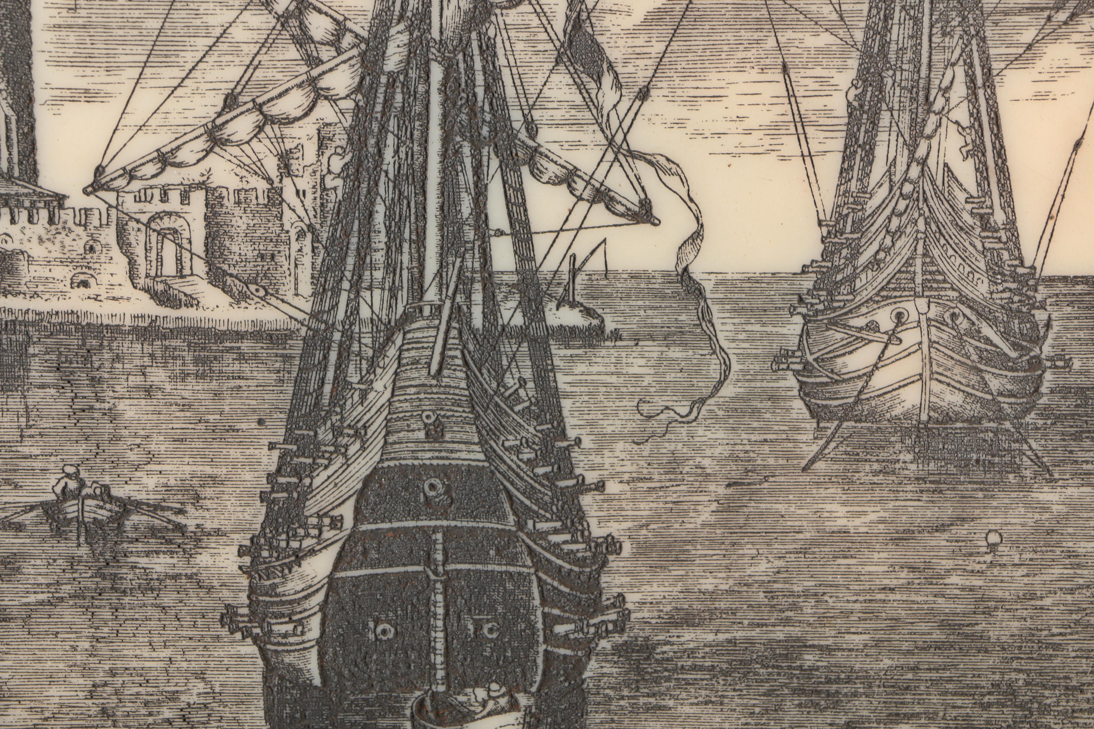 Scrimshaw on Imitation Ivory After Pieter Bruegel and Franz Huys "Bateau de Guerre"