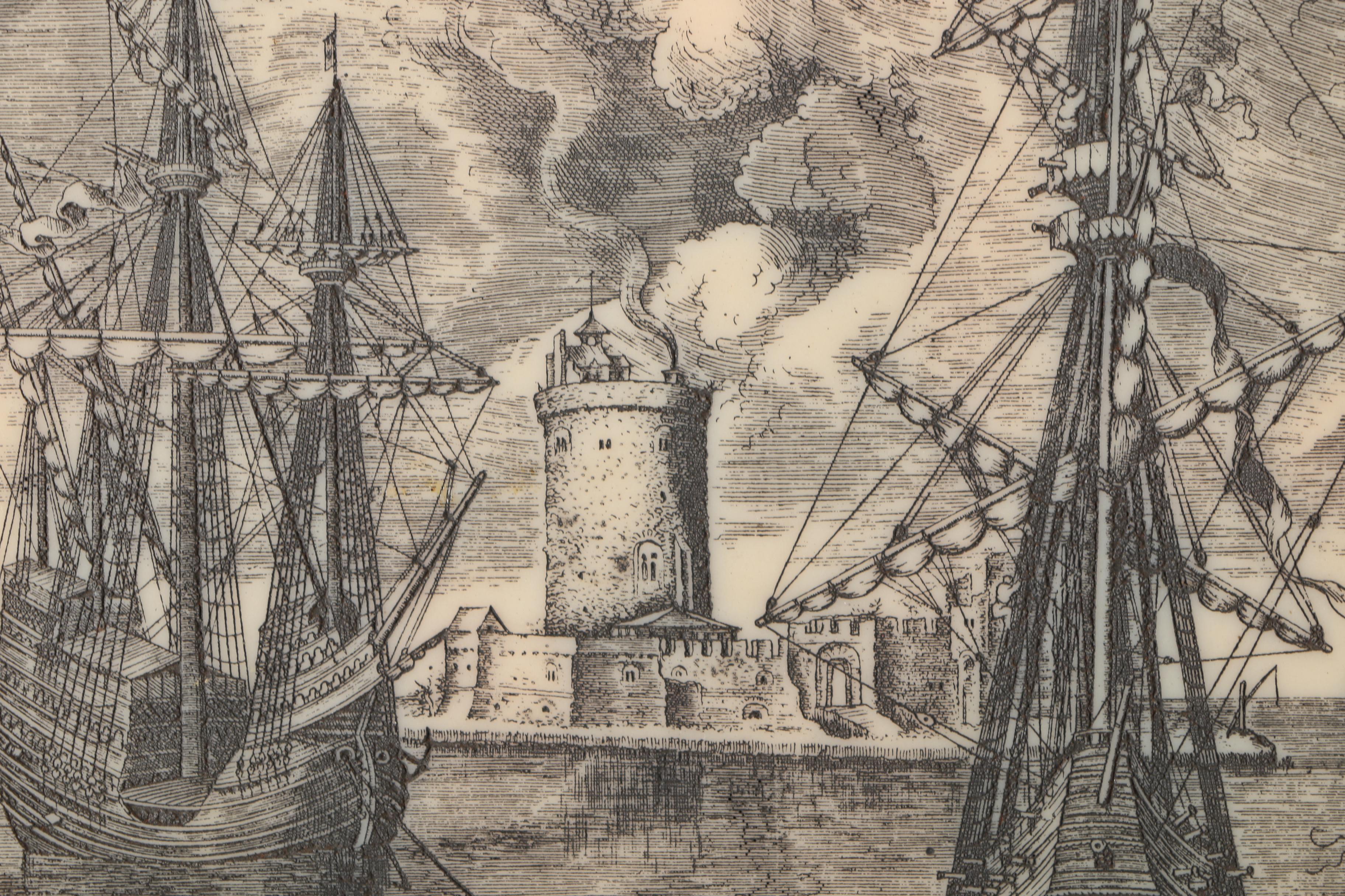 Scrimshaw on Imitation Ivory After Pieter Bruegel and Franz Huys "Bateau de Guerre"