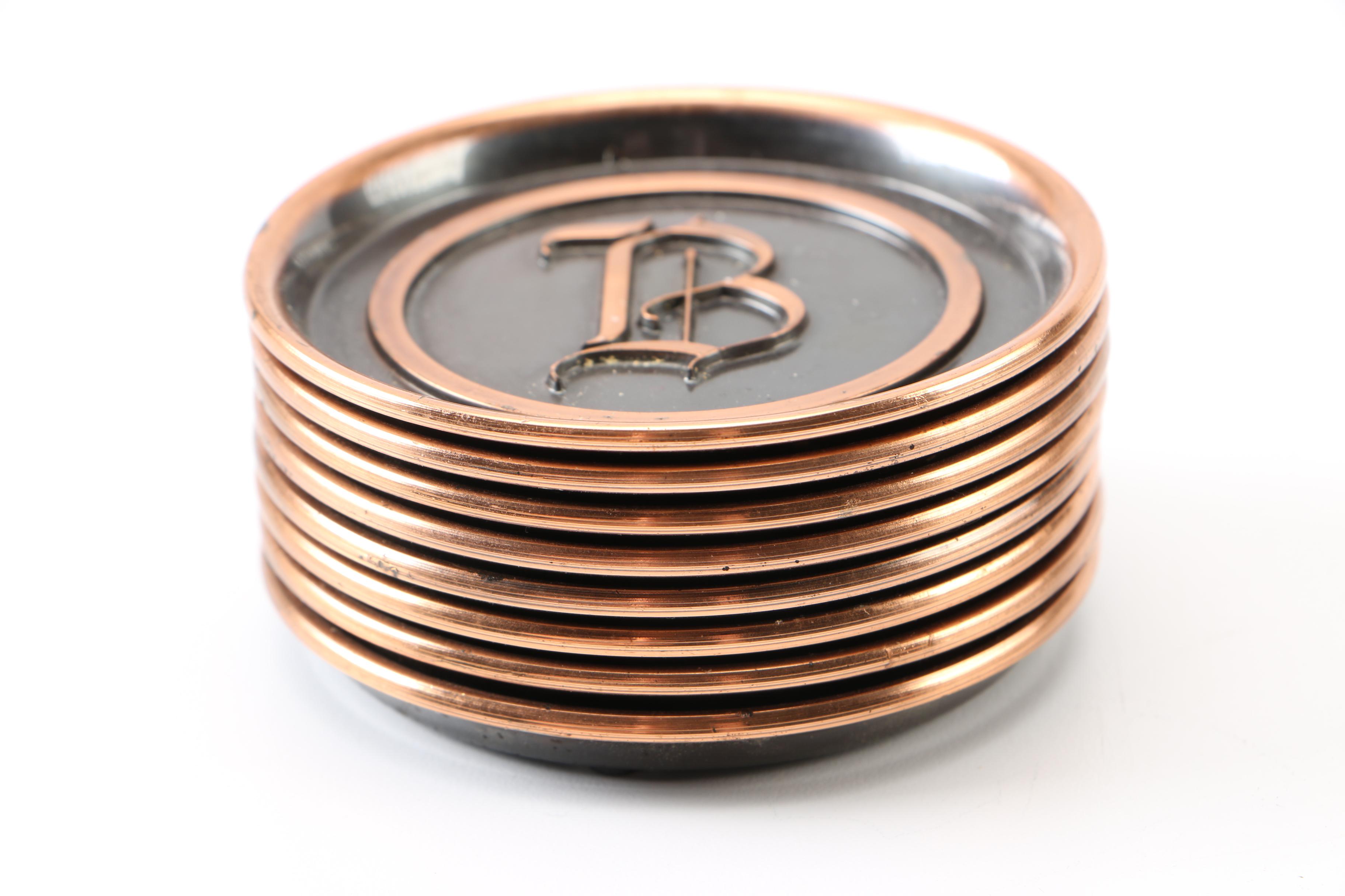 Monogrammed Gray Metal Lidded Pan and Coasters