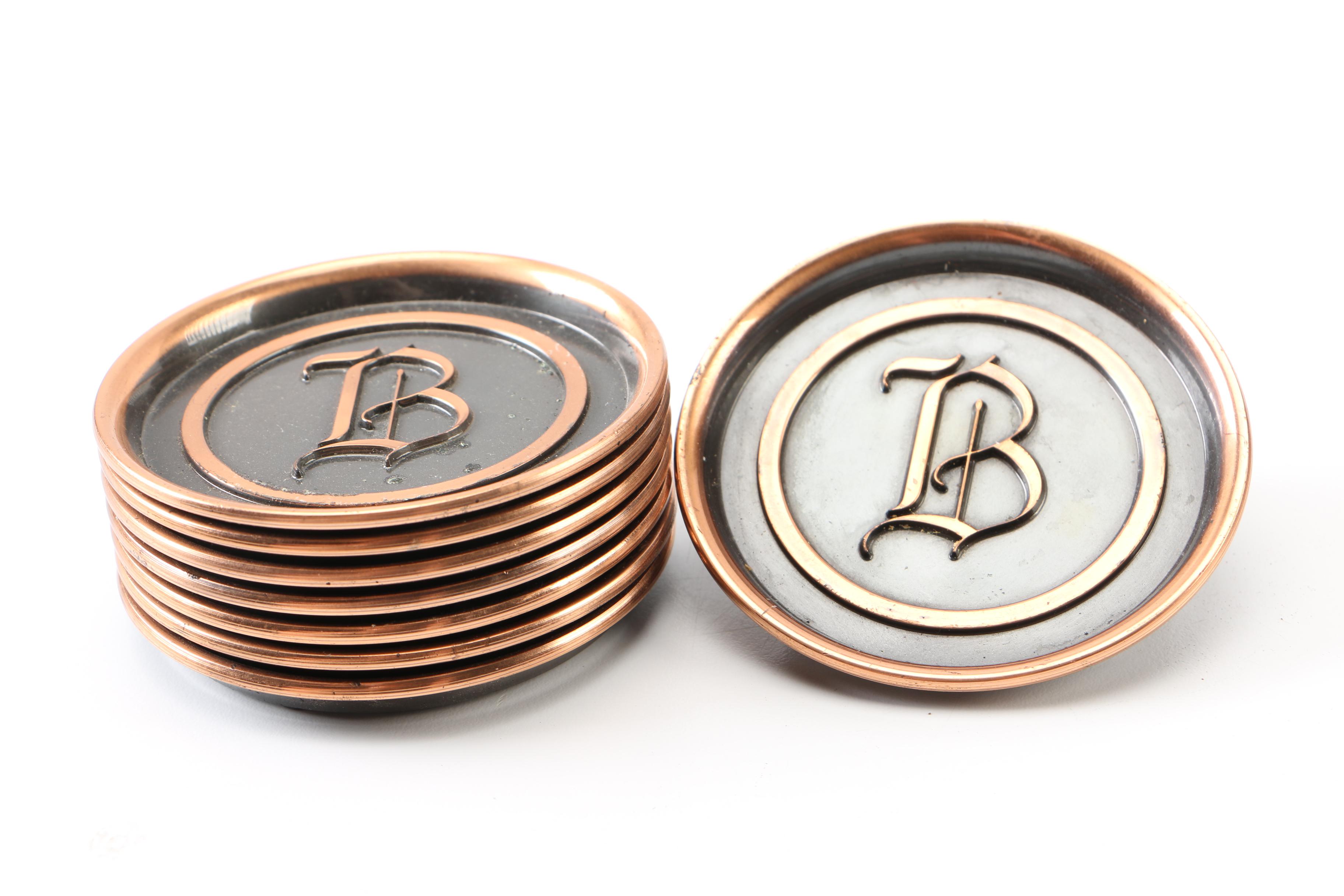 Monogrammed Gray Metal Lidded Pan and Coasters