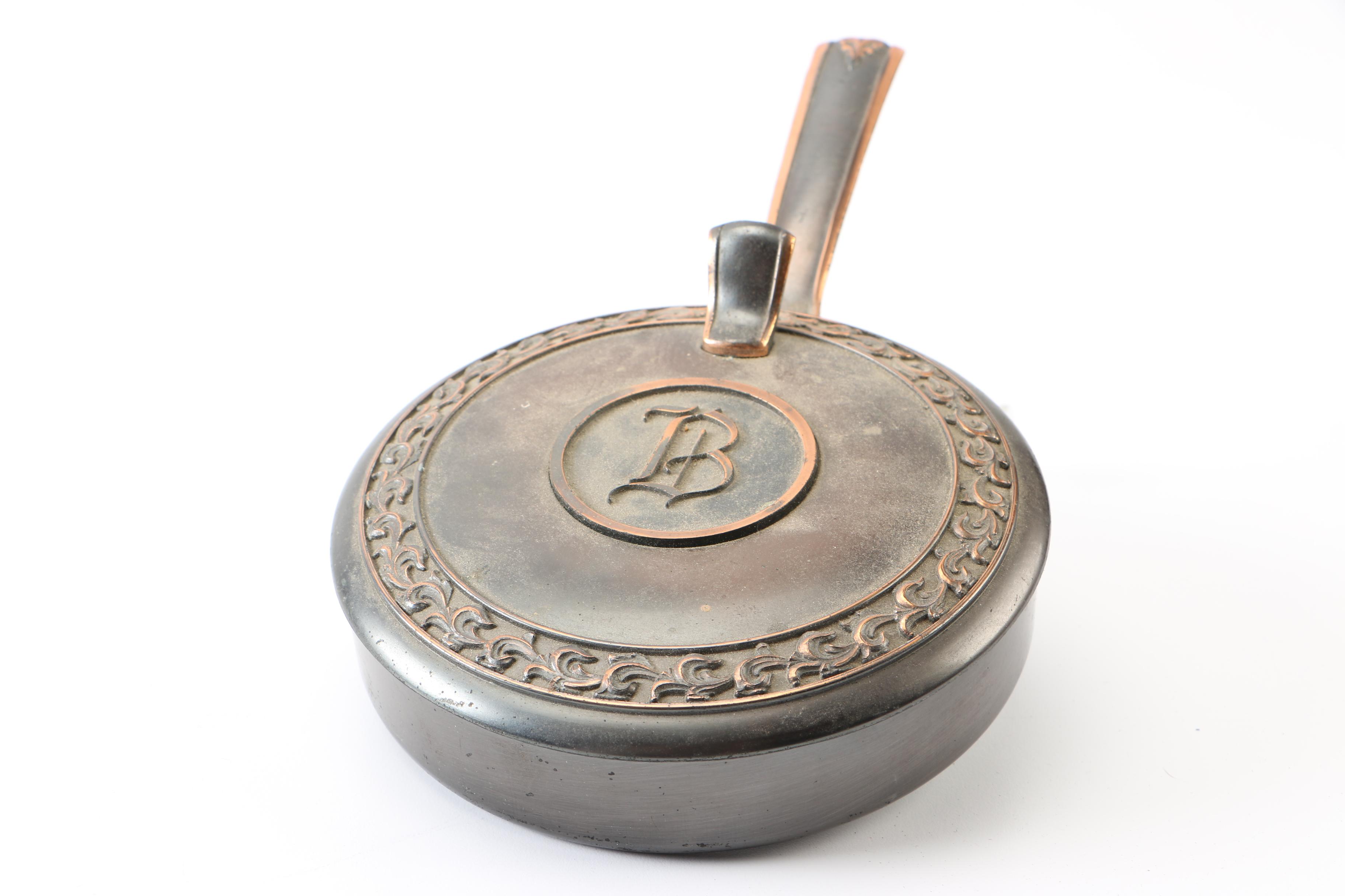 Monogrammed Gray Metal Lidded Pan and Coasters