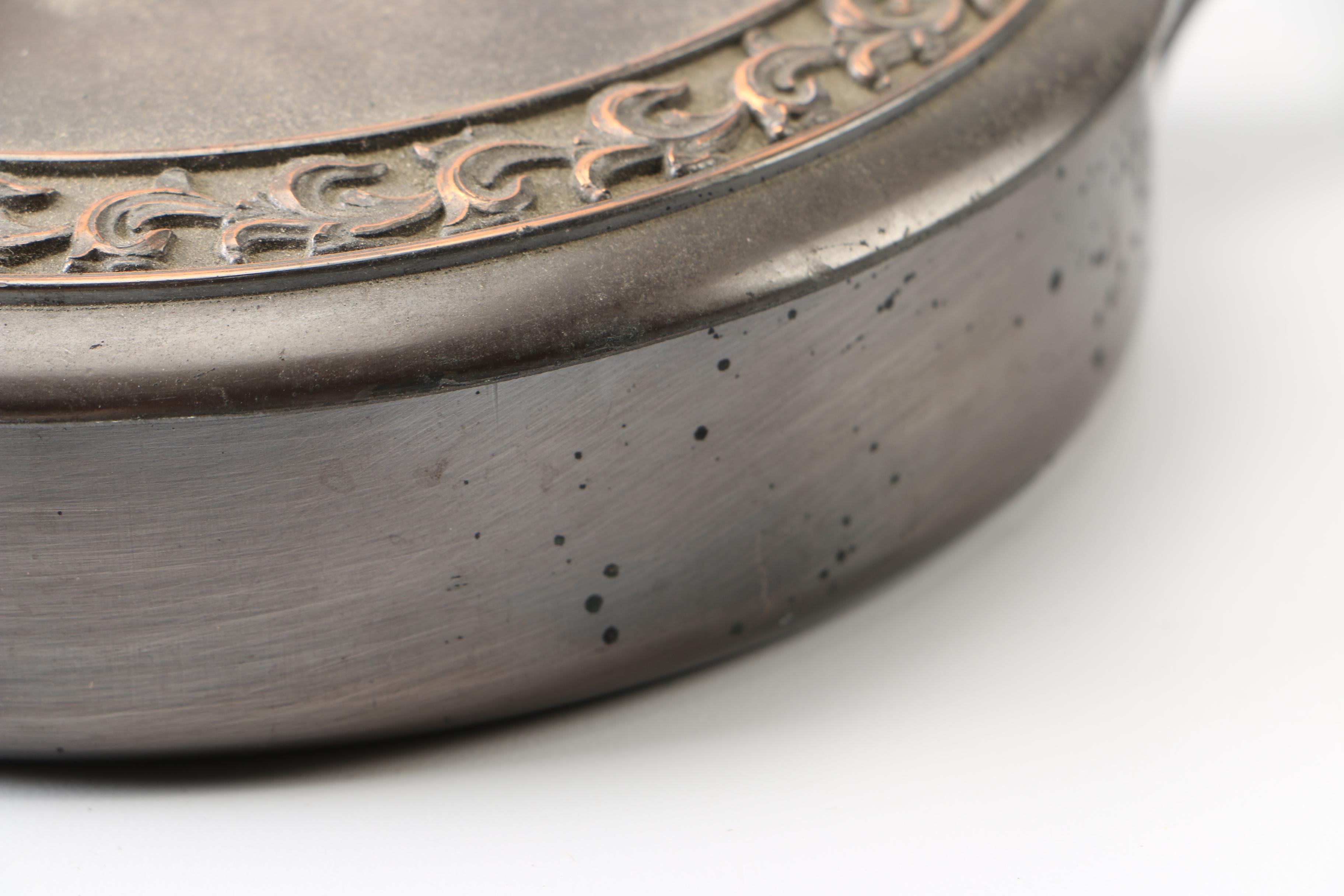 Monogrammed Gray Metal Lidded Pan and Coasters