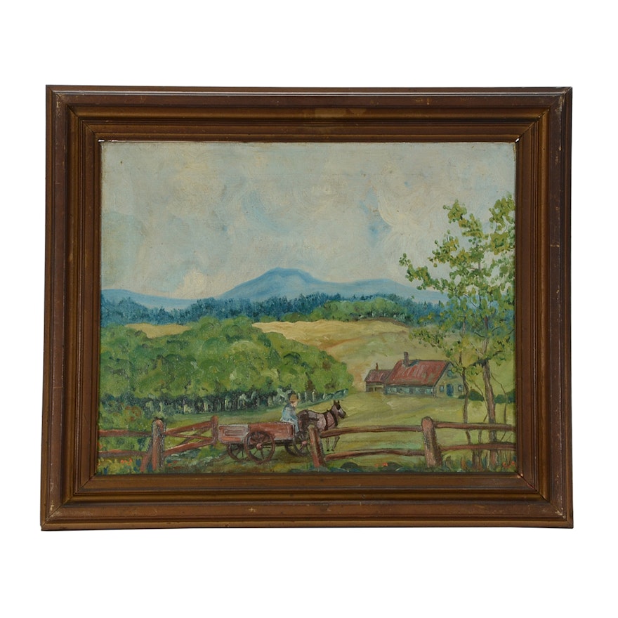 Original Early 20th-Century Post-Impressionist Oil Landscape on Canvas