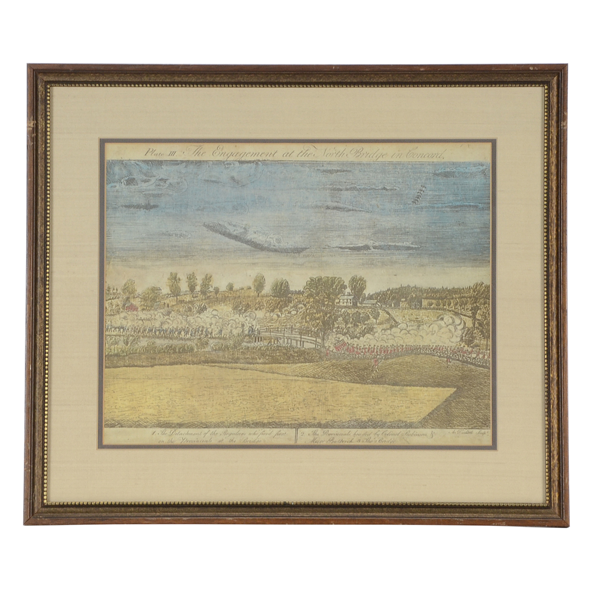 Offset Lithographic Reproduction after 1775 Amos Doolittle Engraving "The Engagement at the North Bridge in Concord"