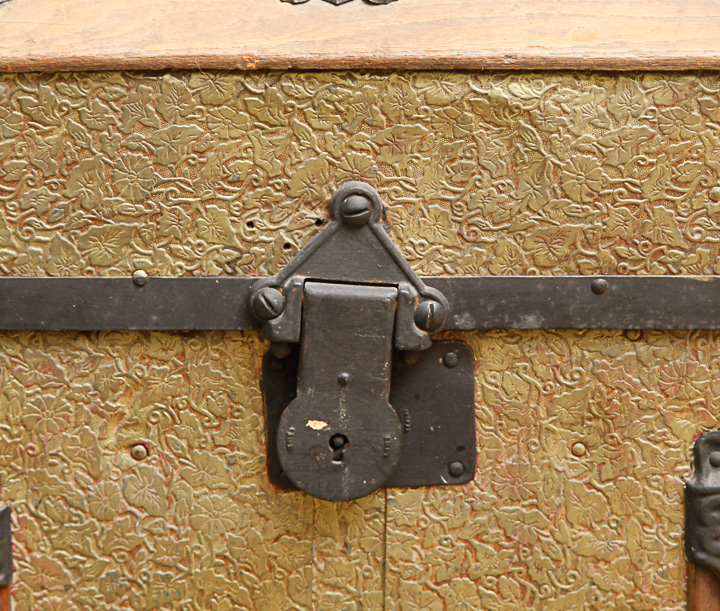Antique Wooden Steamer Trunk With Embossed Decoration