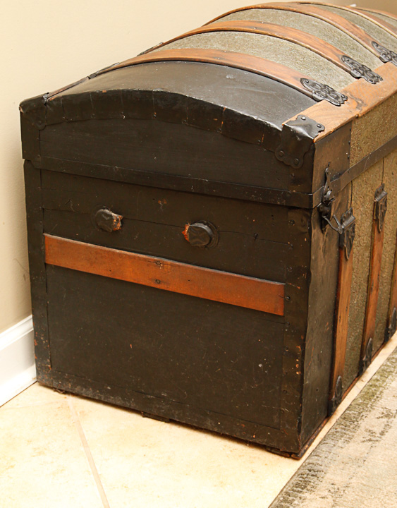 Antique Wooden Steamer Trunk With Embossed Decoration