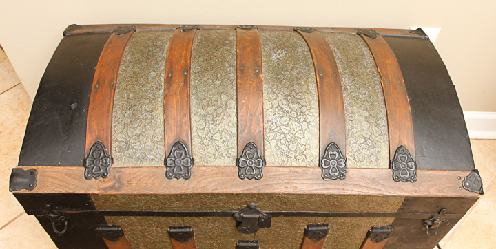 Antique Wooden Steamer Trunk With Embossed Decoration