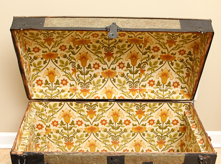 Antique Wooden Steamer Trunk With Embossed Decoration