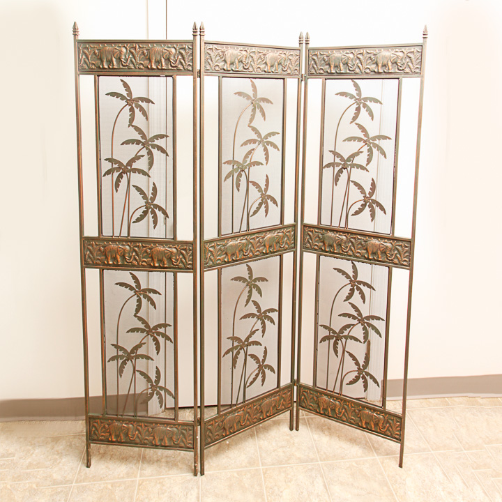 Palm and Elephant Motif Brass Tone Three-Panel Room Divider