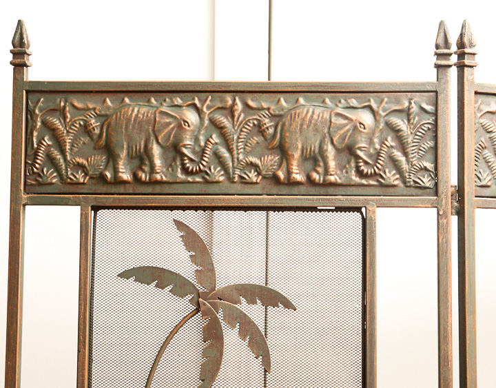 Palm and Elephant Motif Brass Tone Three-Panel Room Divider