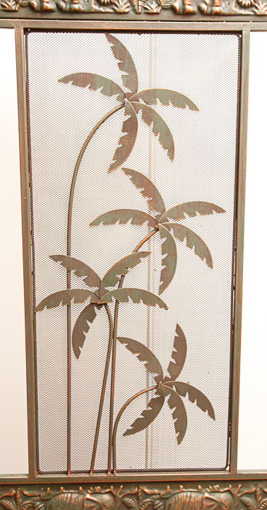 Palm and Elephant Motif Brass Tone Three-Panel Room Divider