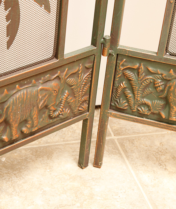 Palm and Elephant Motif Brass Tone Three-Panel Room Divider