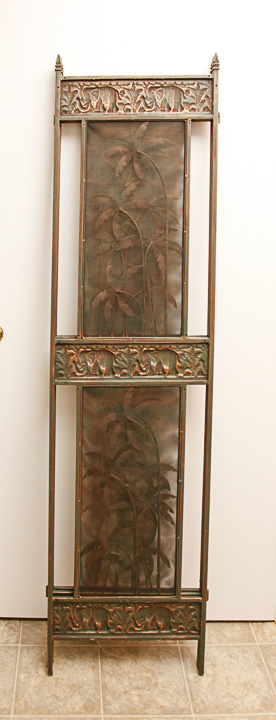 Palm and Elephant Motif Brass Tone Three-Panel Room Divider