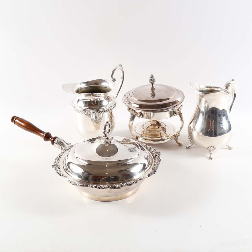 Collection of Silver Plated Pitchers and Chafing Dishes