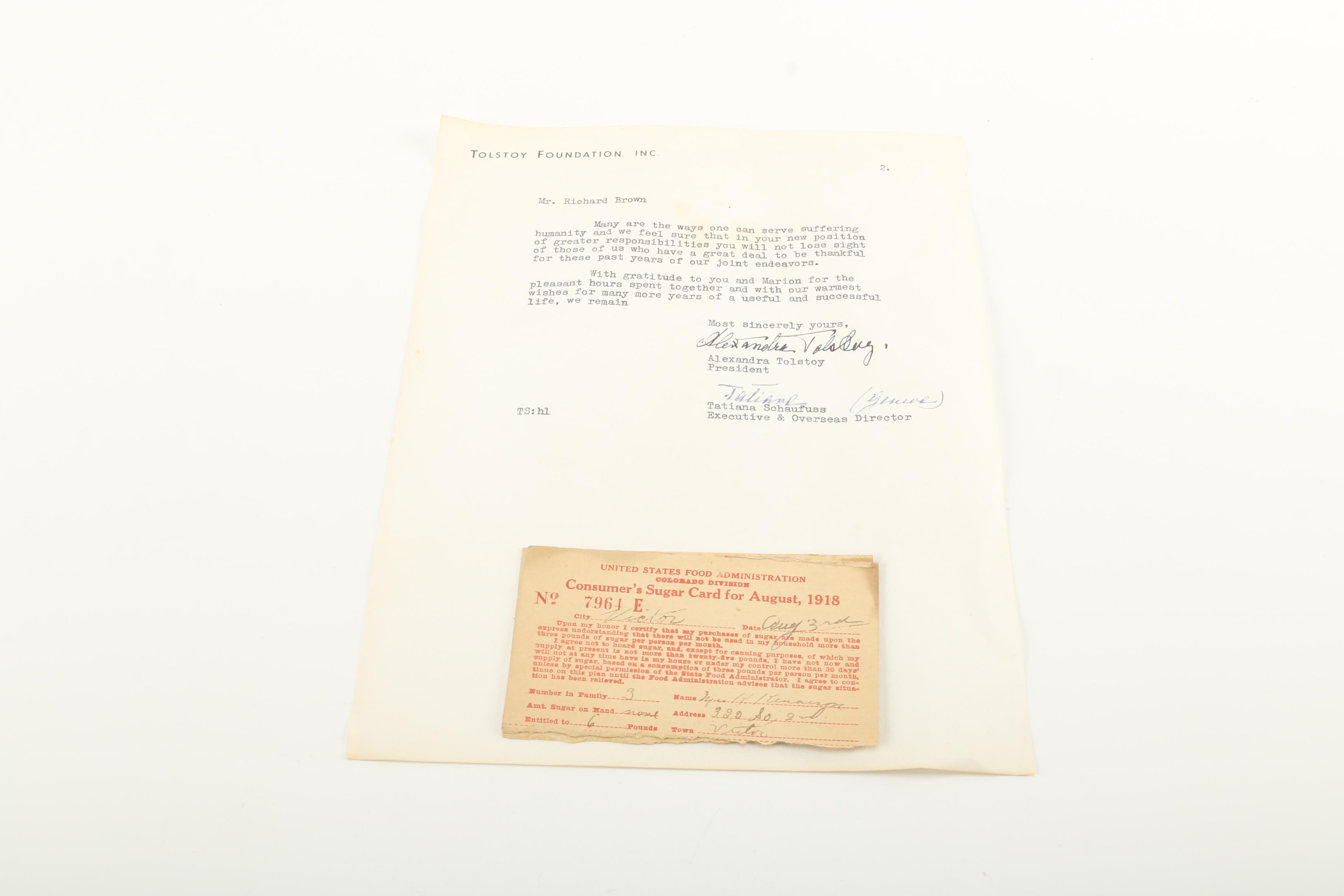 Tolstoy Foundation Ephemera from Alexandra Tolstoy