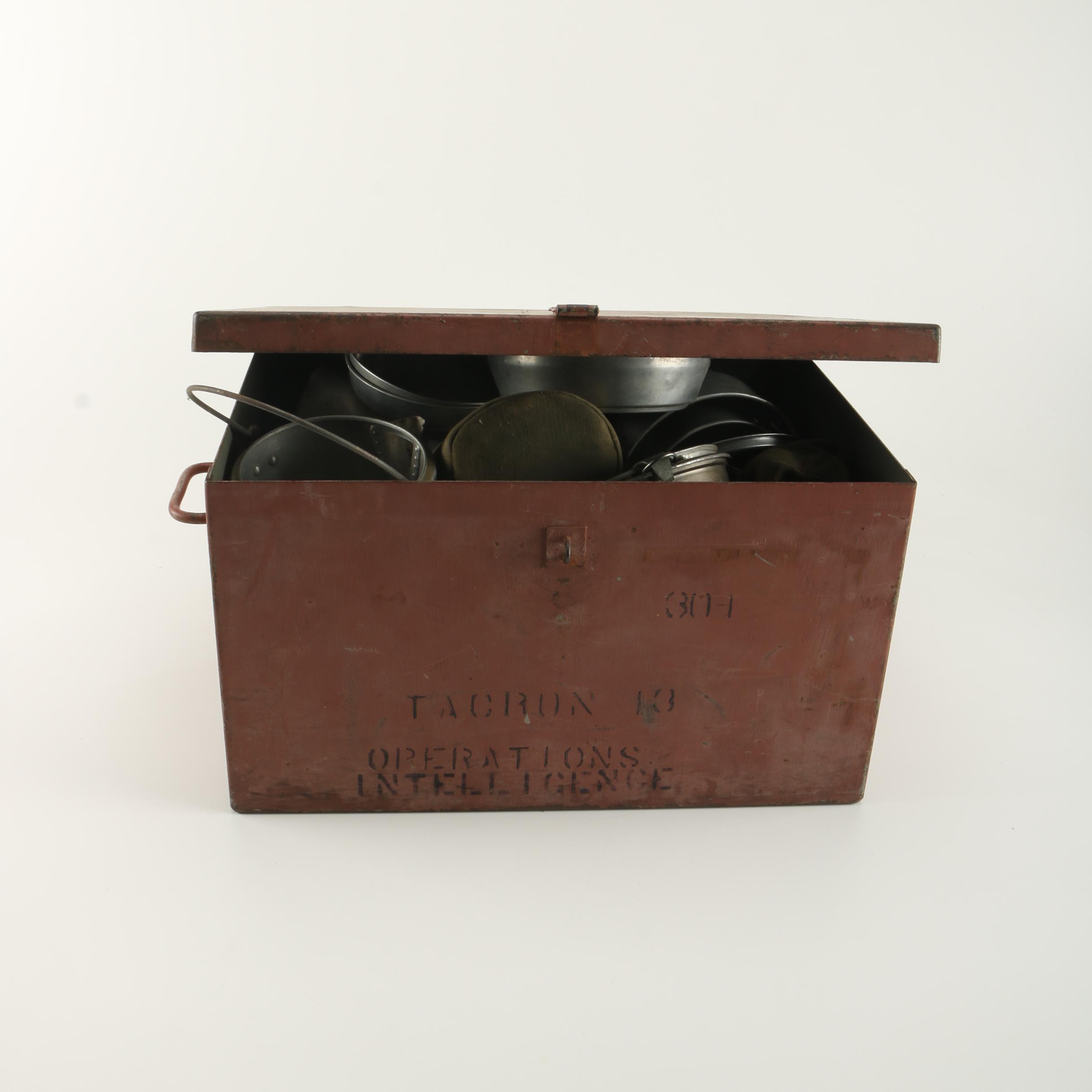 Vintage Military Cookware in Red Metal Crate