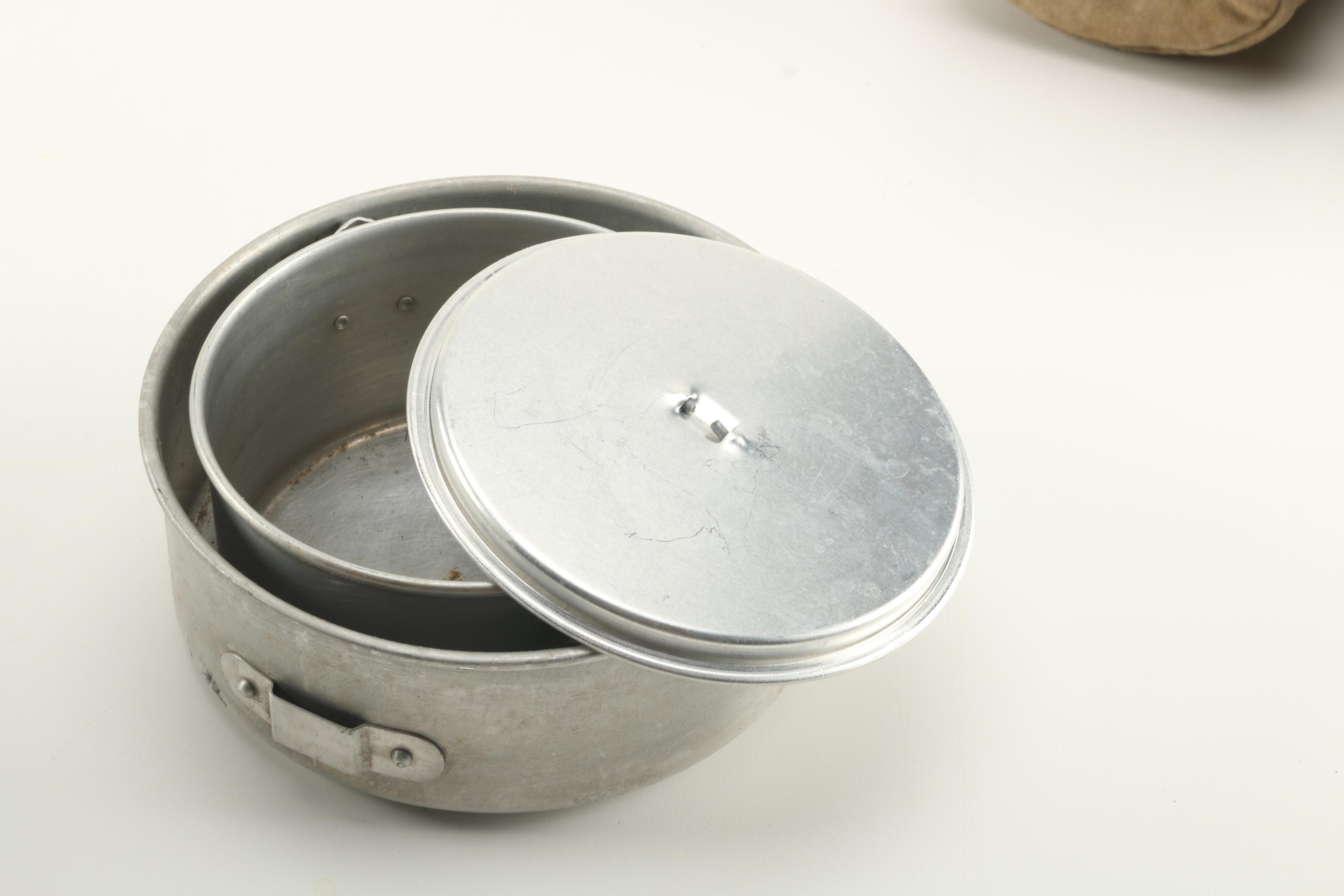 Vintage Military Cookware in Red Metal Crate